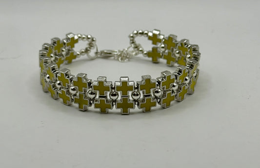 Bold Yellow Cross Link Bracelet – Adjustable 7.5” to 8”, Silver-Tone Double Row Design, Unique Statement Jewelry