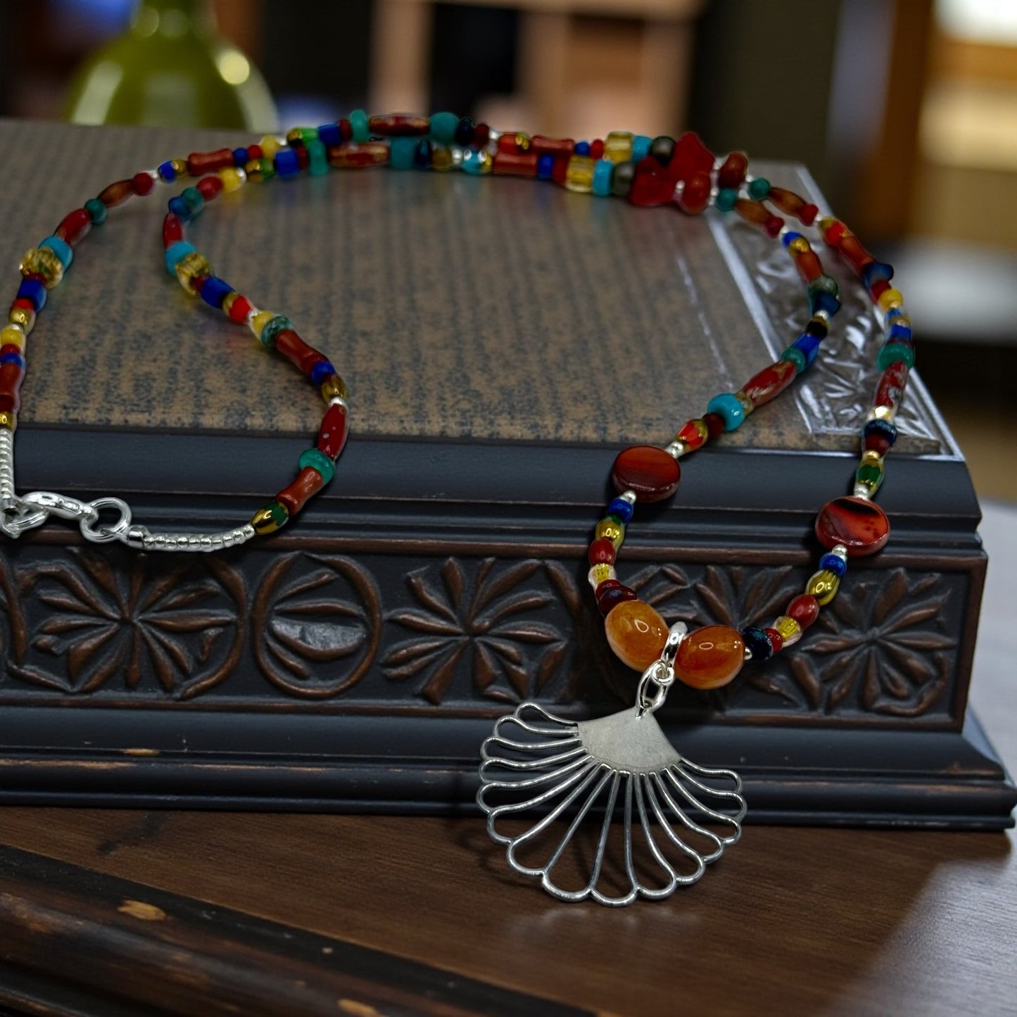 26” Boho Multicolor Beaded Necklace with Silver Fan Pendant | Handmade Artisan Necklace
