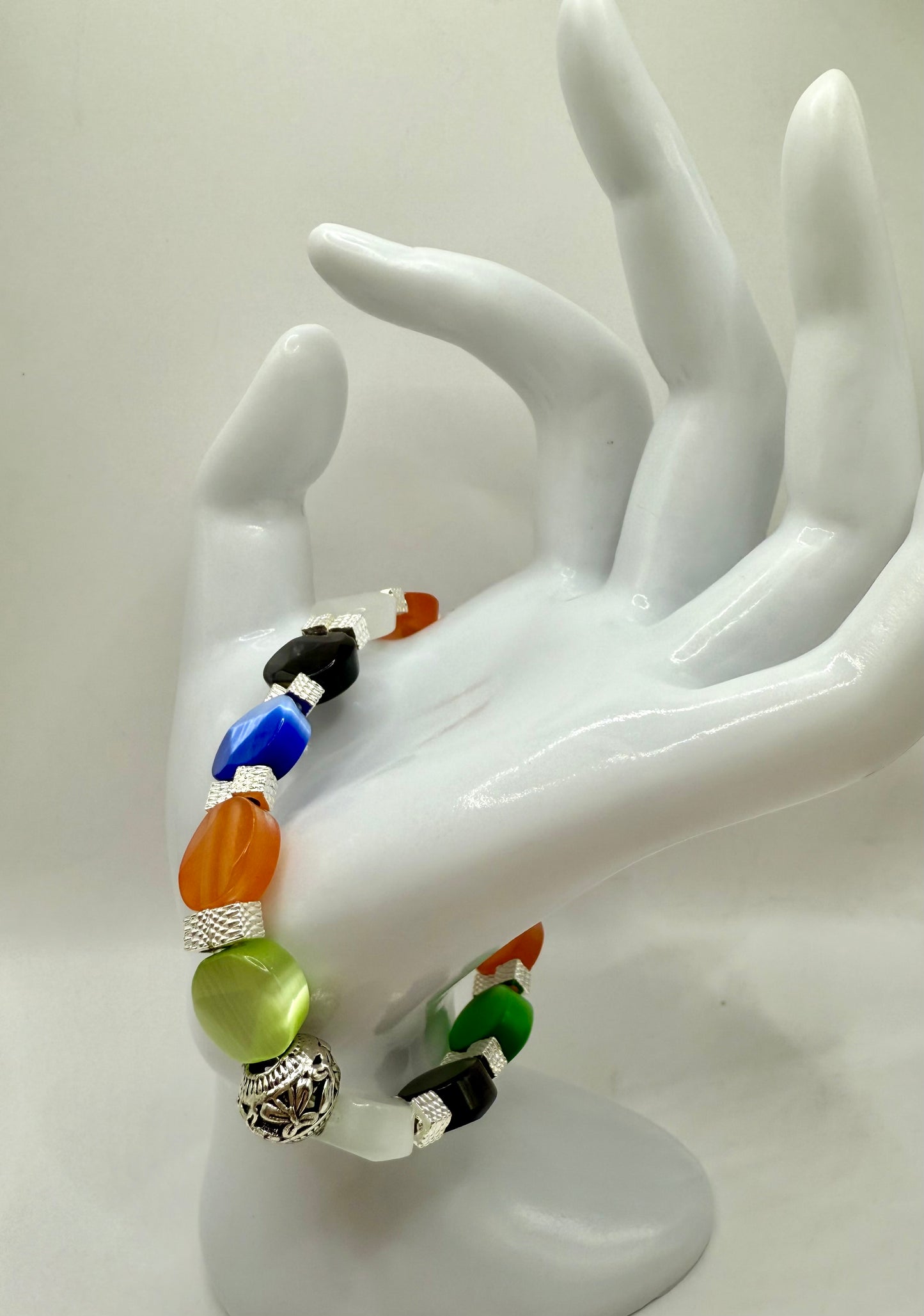 7” Multicolor Cat Eye Stretch Bracelet – Handmade, Adjustable to 7.5”, Colorful Beaded Jewelry