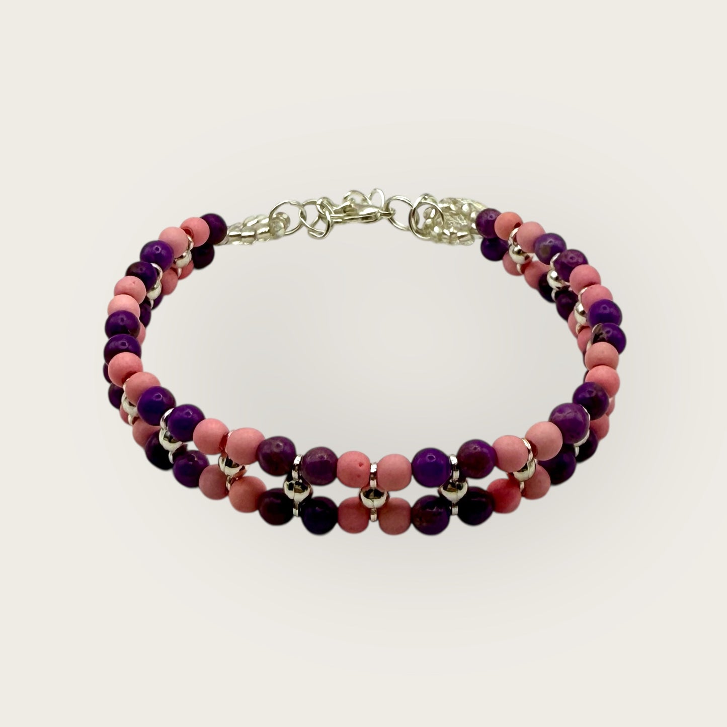 Phosphosiderite and Pink Turquoise Double Band Bracelet 7.5"