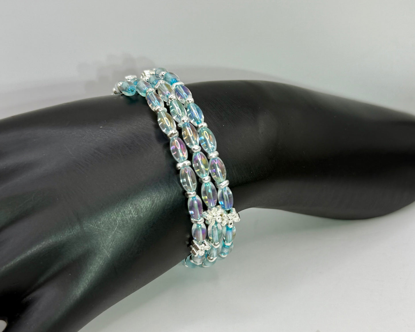 Iridescent Glass Wrap Bracelet – Triple Layer Beaded Bracelet with Silver Accents, Adjustable Size, Handmade Jewelry Gift for Her