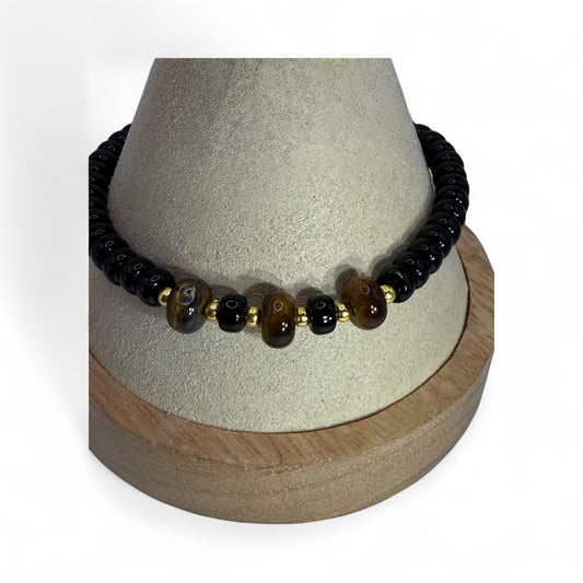 Unisex Tiger Eye & Onyx Stretch Bracelet | 7” Handmade Beaded Jewelry | Protection & Strength Gift