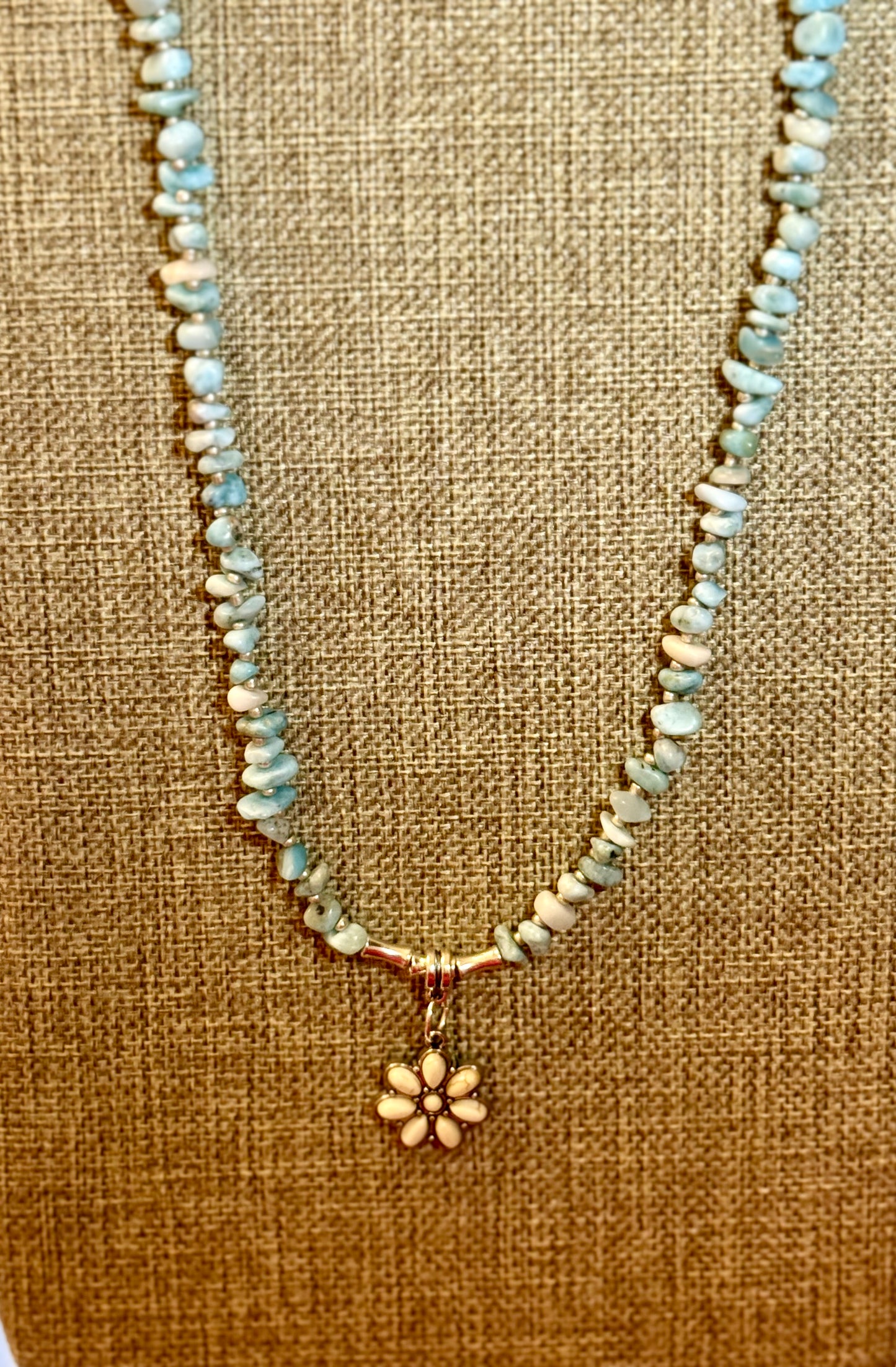 Handmade 20” Larimar Necklace with Matching Earrings – Natural Blue Gemstone Jewelry Set with Flower Pendant