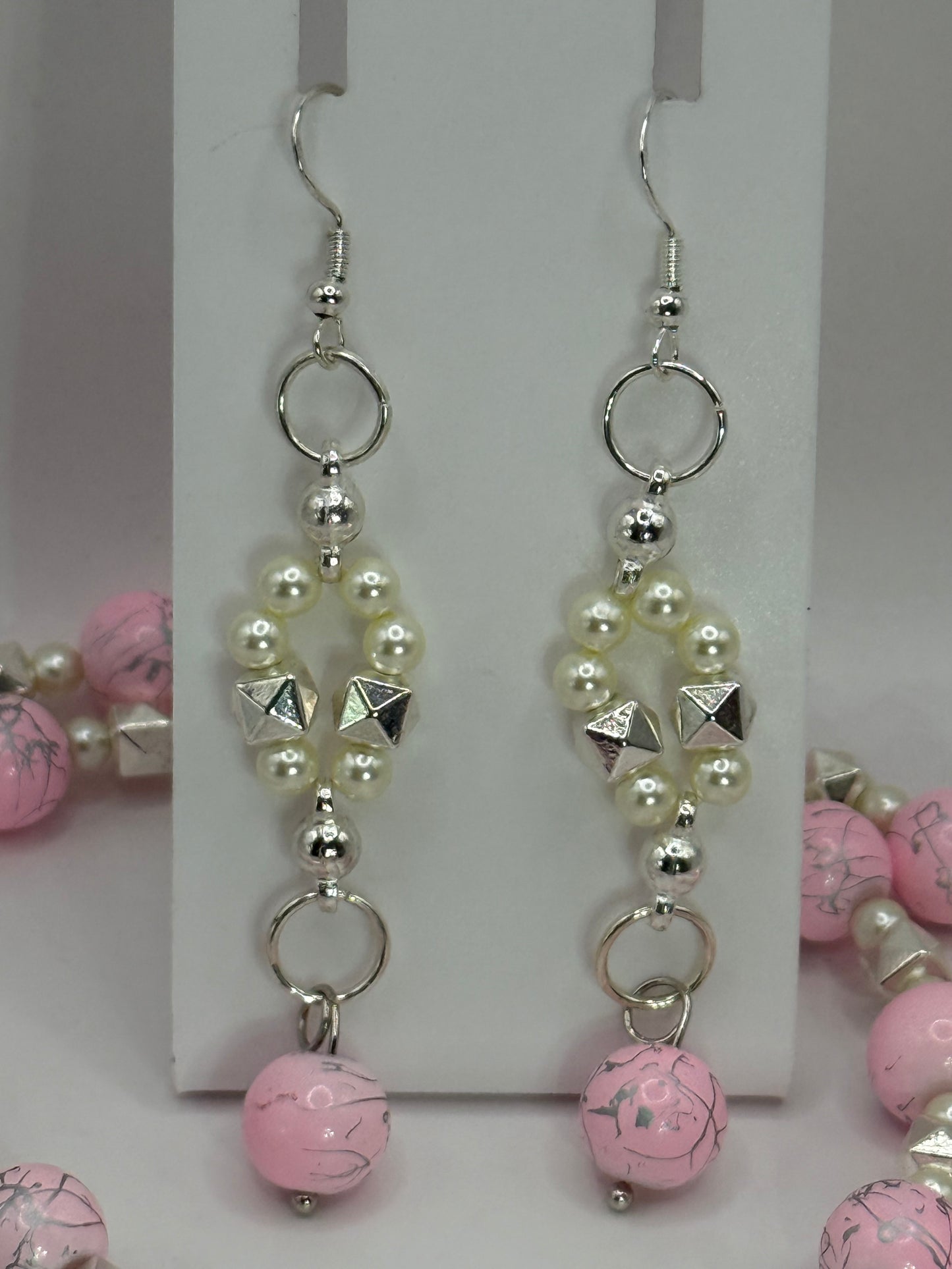 Pink Beaded Necklace with Crystal Flower Pendant – 26” Handmade Jewelry Set with Matching 8" Bracelet & Earrings