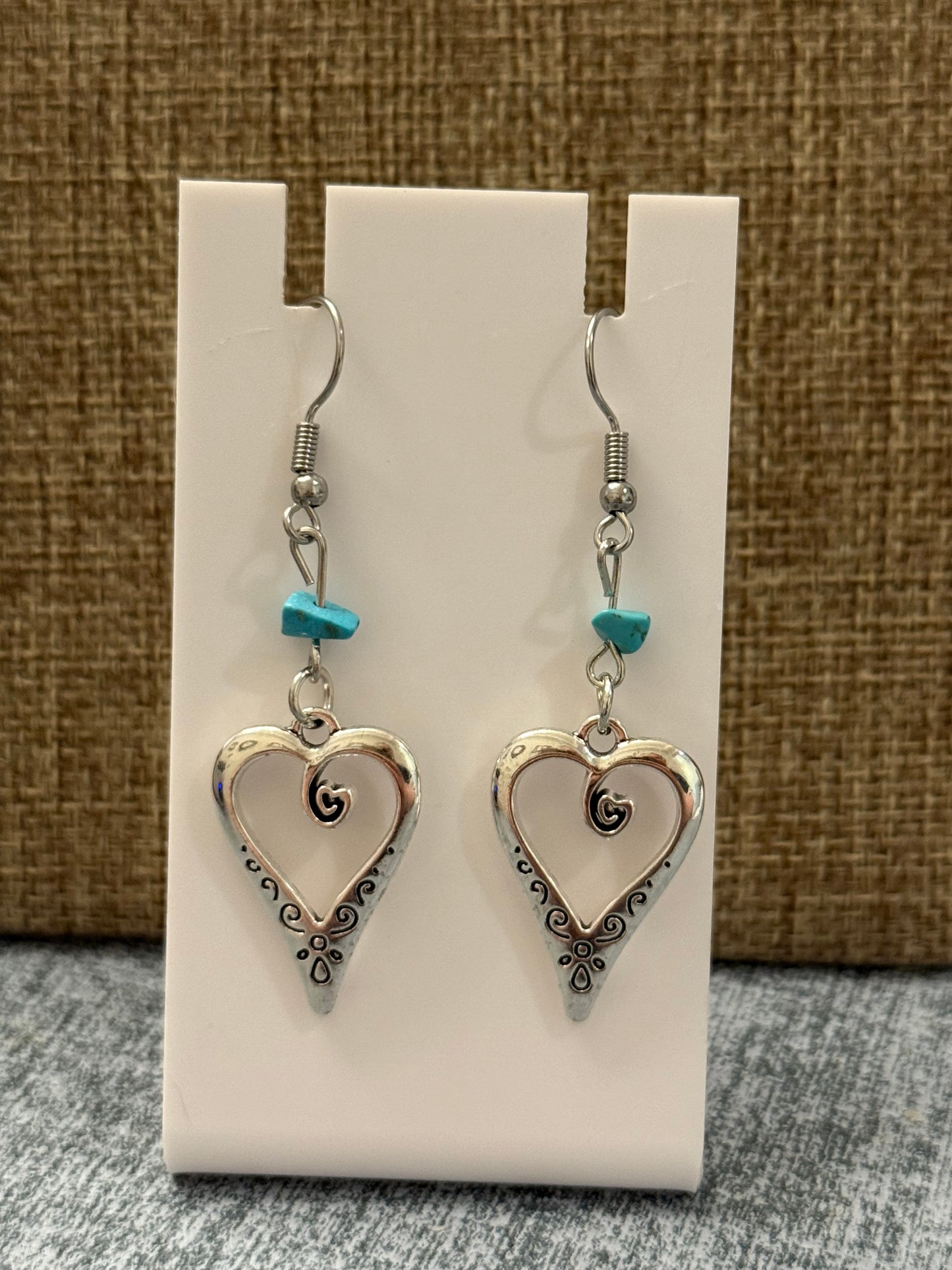 Turquoise Heart Dangle Earrings – Silver Boho Heart Drop Earrings – Handmade Western Jewelry Gift for Her