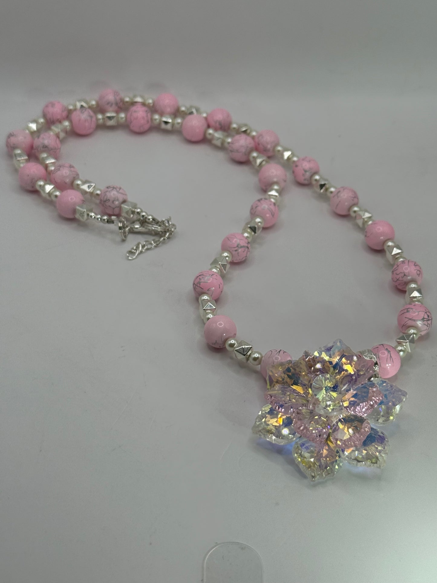 Pink Beaded Necklace with Crystal Flower Pendant – 26” Handmade Jewelry Set with Matching 8" Bracelet & Earrings