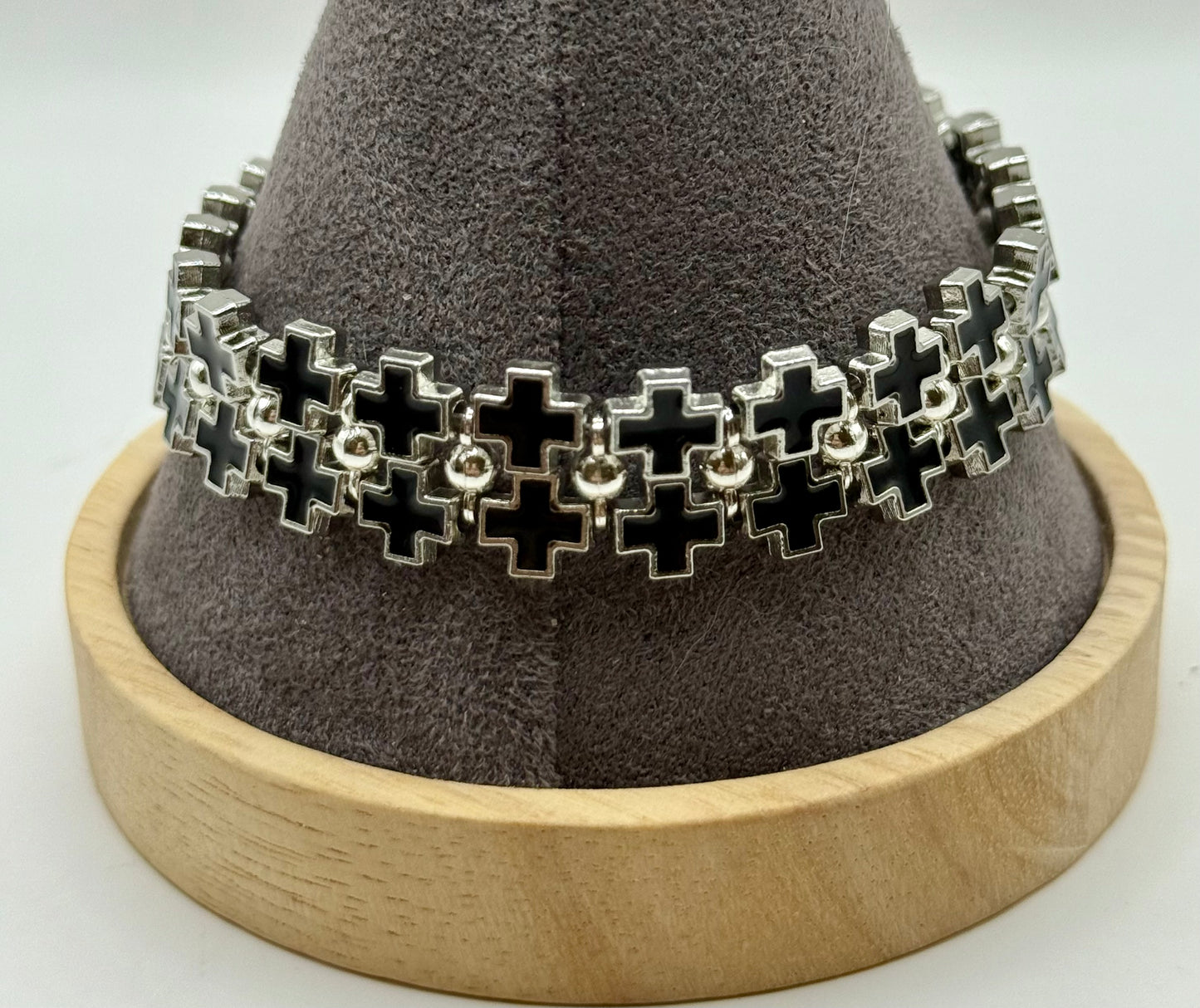 Bold Black Cross Link Bracelet – Adjustable 7.5” to 8”, Silver-Tone Double Row Design, Unique Statement Jewelry