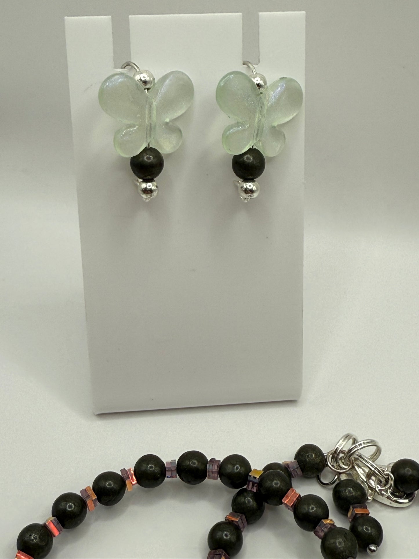 7.5” Dragon Vein Agate and Pyrite Bracelet Set with Iridescent Butterfly Charms | Handmade Gemstone Jewelry + Free Matching Earrings