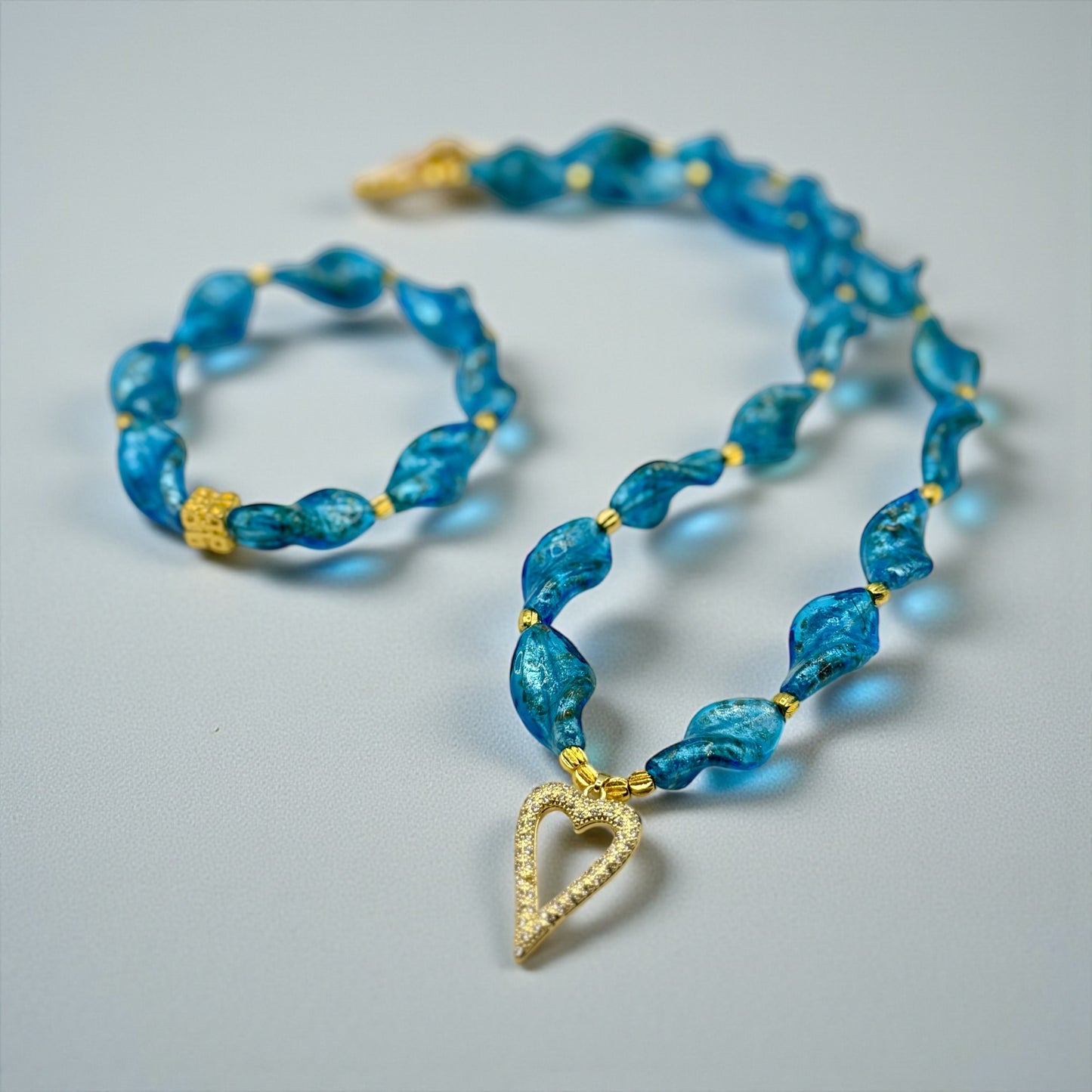 Blue Glass Beaded Necklace and Bracelet Set | 20 Inch Handmade Necklace | Elastic Bracelet | Gold Heart Charm Jewelry | Gift for Her