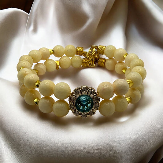 Vibrant Yellow Jade Double Strand Bracelet with Striking Blue Center Focal 7.5"