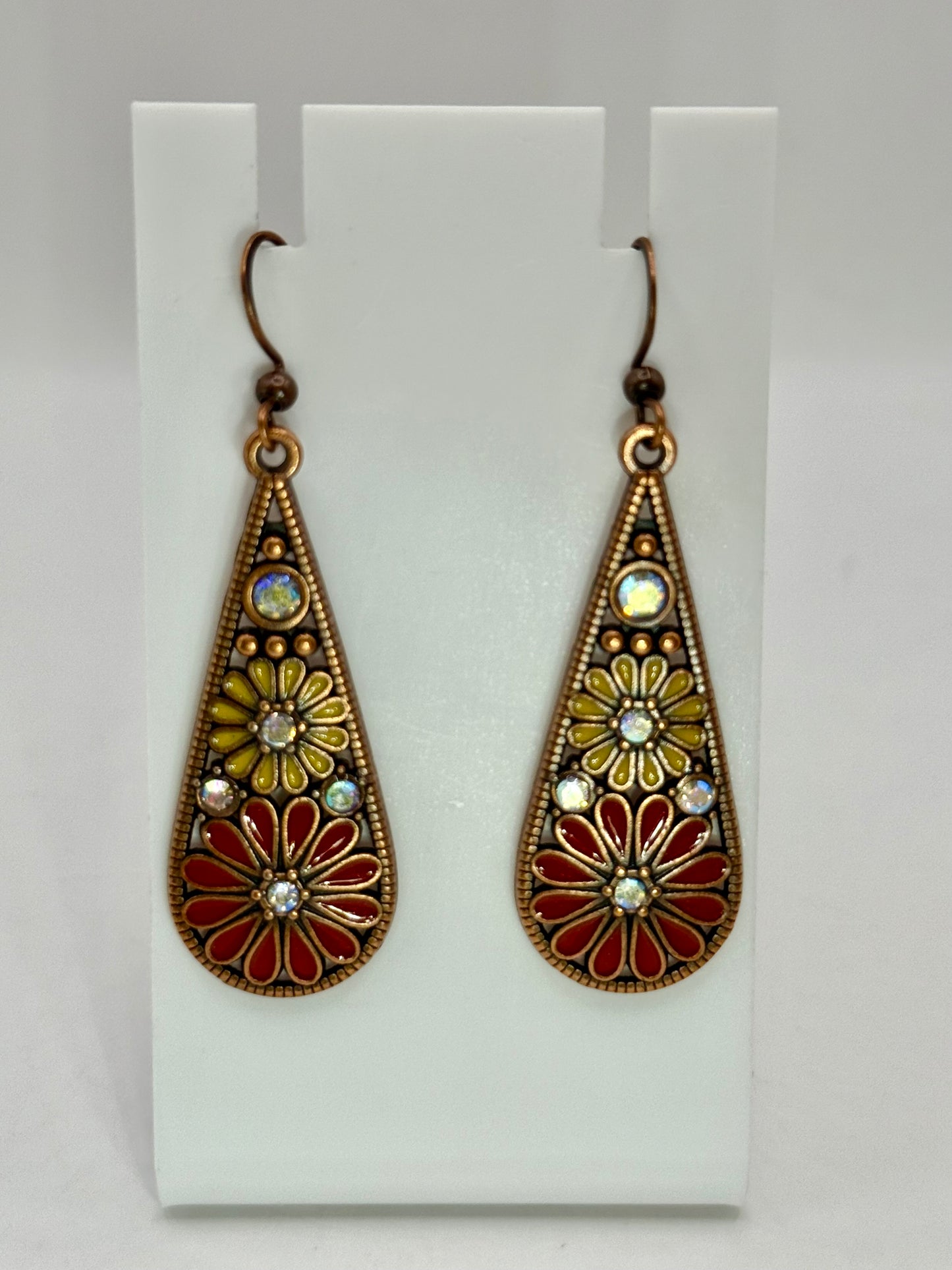 Boho Flower Drop Earrings – Retro Teardrop Earrings with Red & Yellow Enamel, Vintage Style Dangle Jewelry, Gift for Her