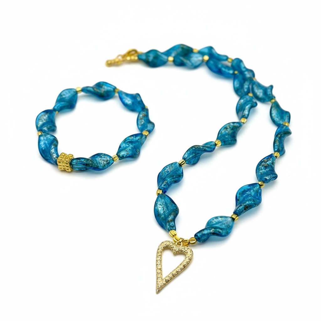Blue Glass Beaded Necklace and Bracelet Set | 20 Inch Handmade Necklace | Elastic Bracelet | Gold Heart Charm Jewelry | Gift for Her