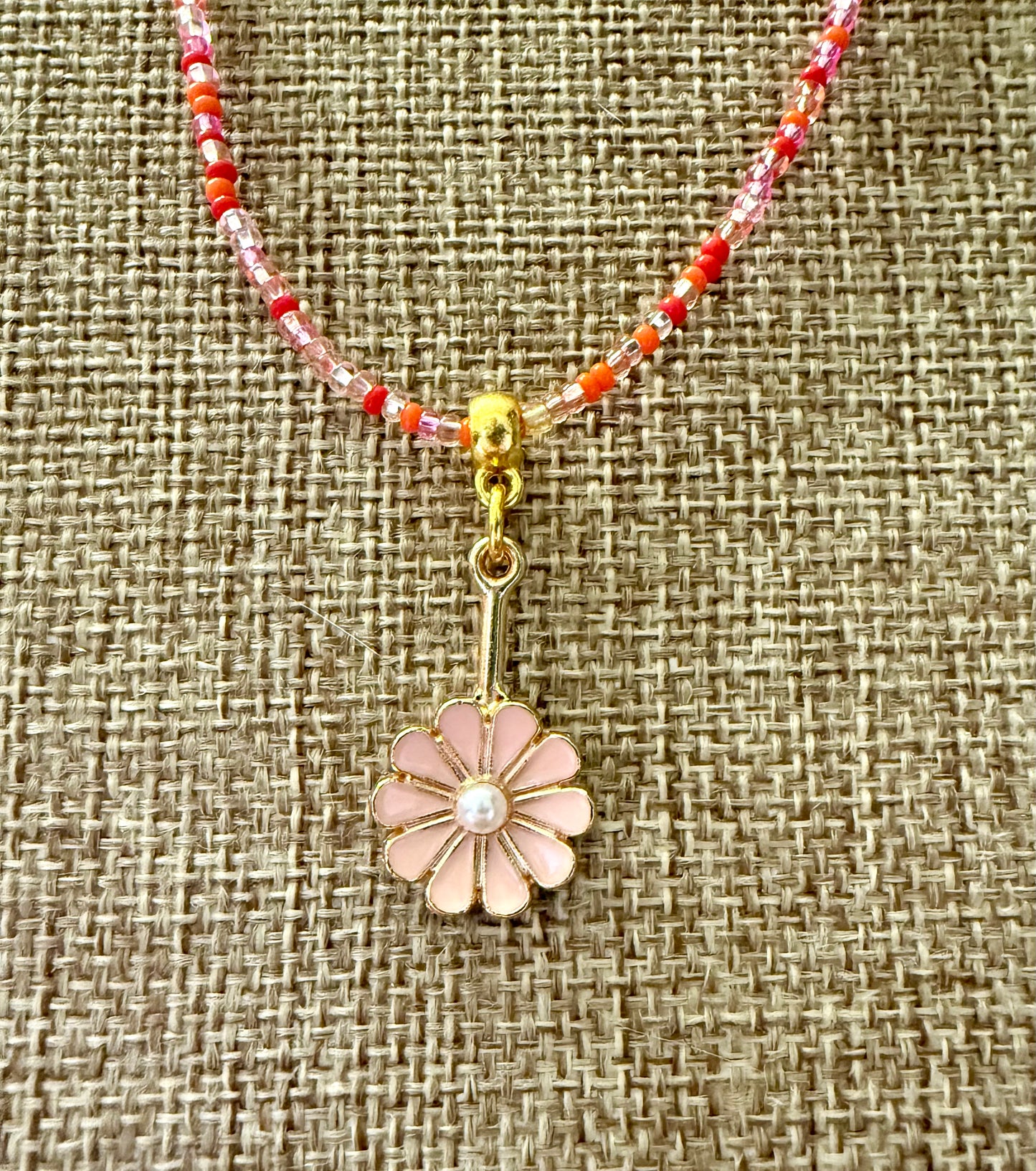 20” Czech Glass Beaded Necklace with Pink Daisy Pendant – Gold Accent & Lobster Clasp