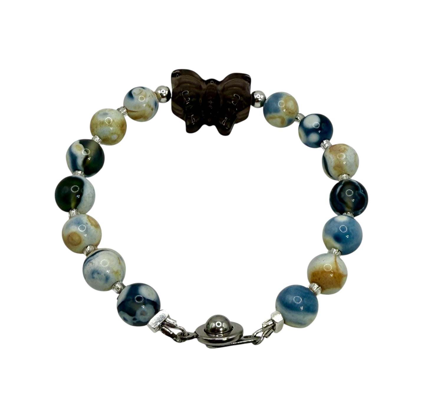 Orca Agate Bracelet with Smoky Quartz Butterfly Focal – 7” Clasp – Natural Gemstone Jewelry
