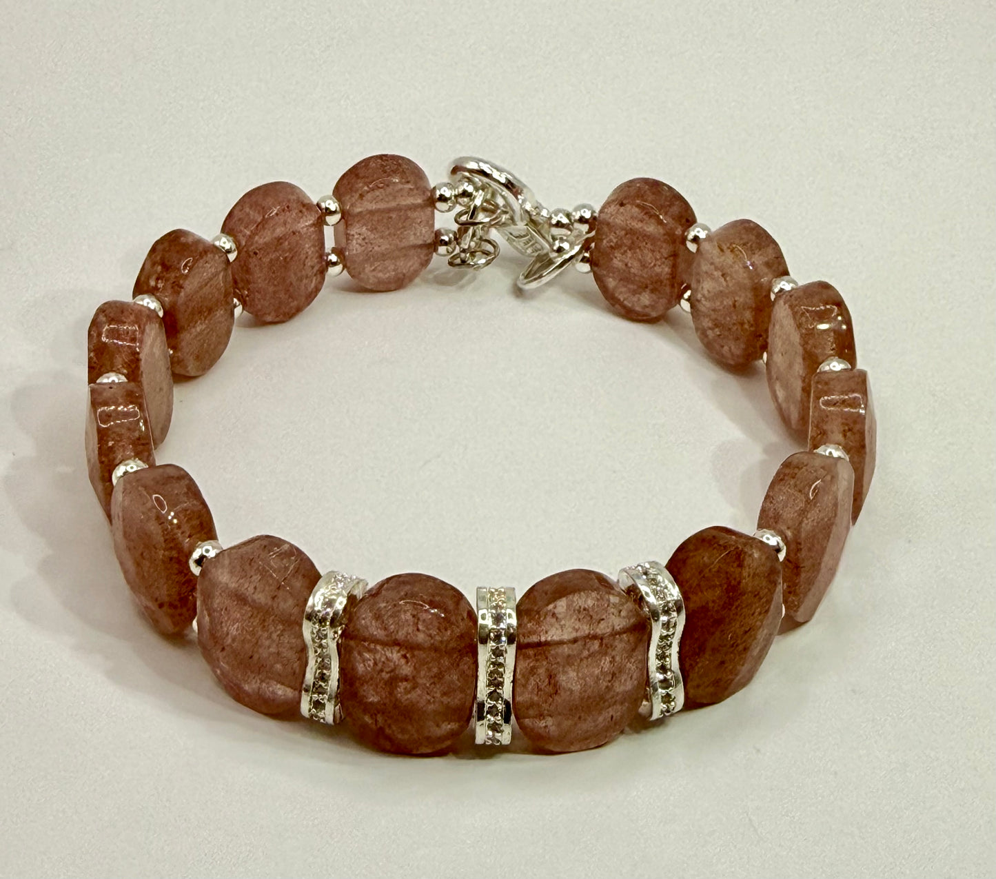 Strawberry Quartz Bracelet 7.5" • Handmade Pink Stone Bracelet • Silver Accent Beaded Bracelet