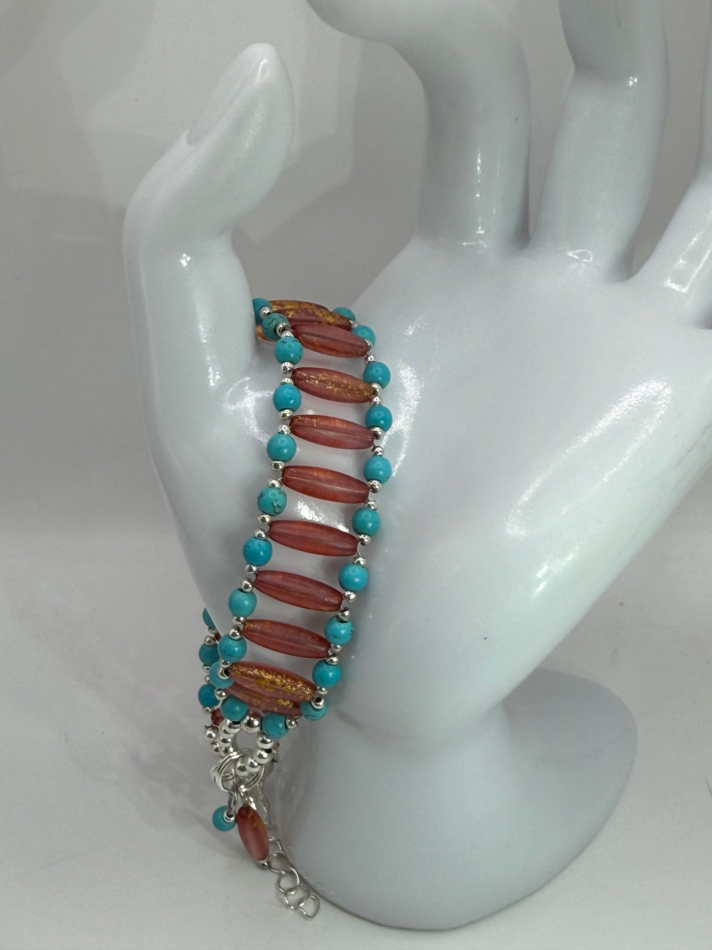 Handmade Turquoise Howlite & Golden Orange Rice Bead Bracelet – 7.5” Adjustable Clasp | Southwest Boho Jewelry