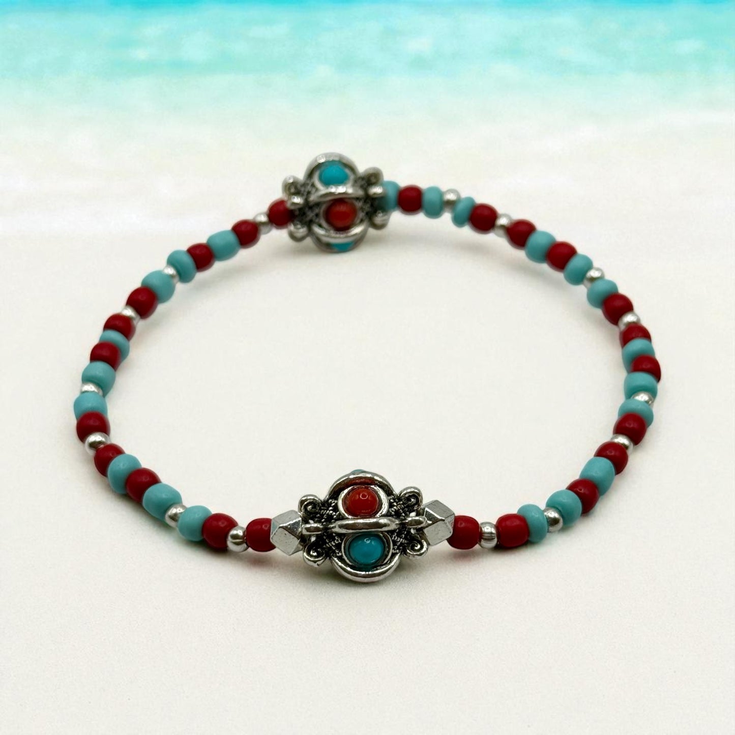 Southwestern Turquoise & Red Beaded Jewelry Set – 24” Necklace, 8” Stretch Bracelet & Earrings