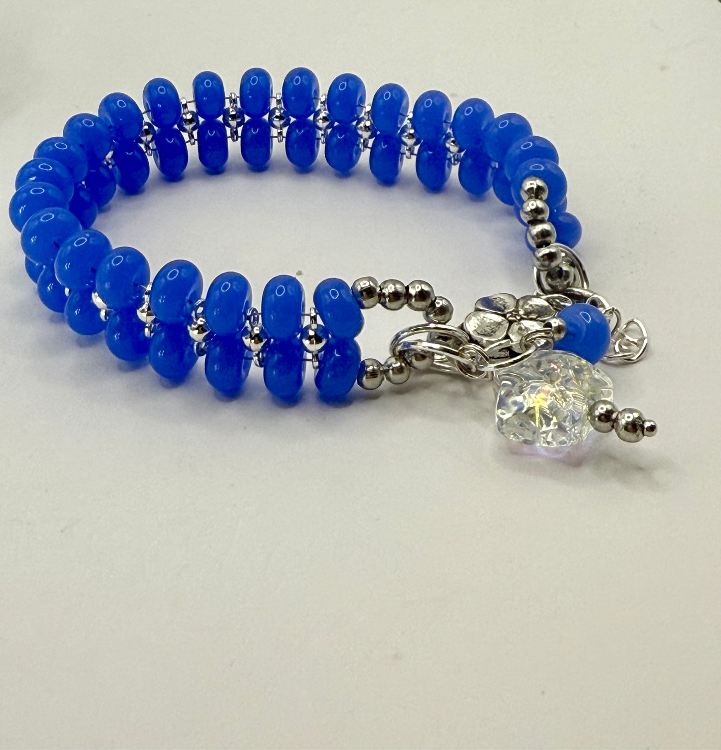Double Strand Cornflower Blue Beaded Bracelet 7.75" with Iridescent Star Charm & Free Earrings – Handmade Jewelry Gift - Free Resizing Available