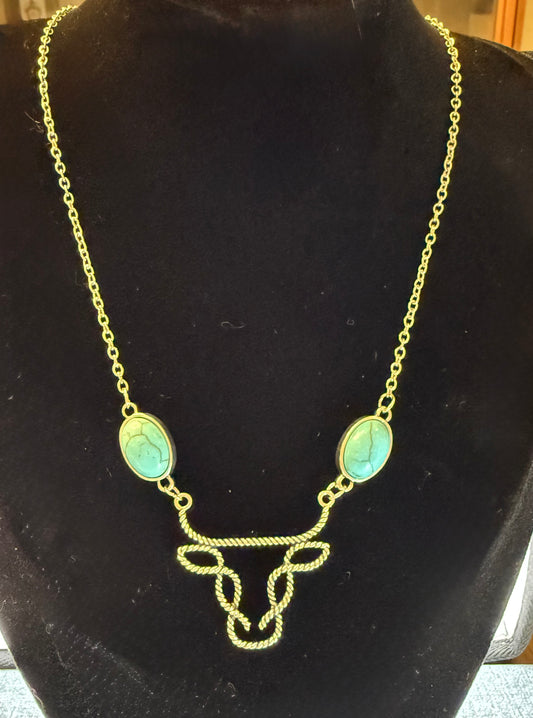 Western Longhorn Necklace with Turquoise Howlite – 18” Silver Chain, Southwest