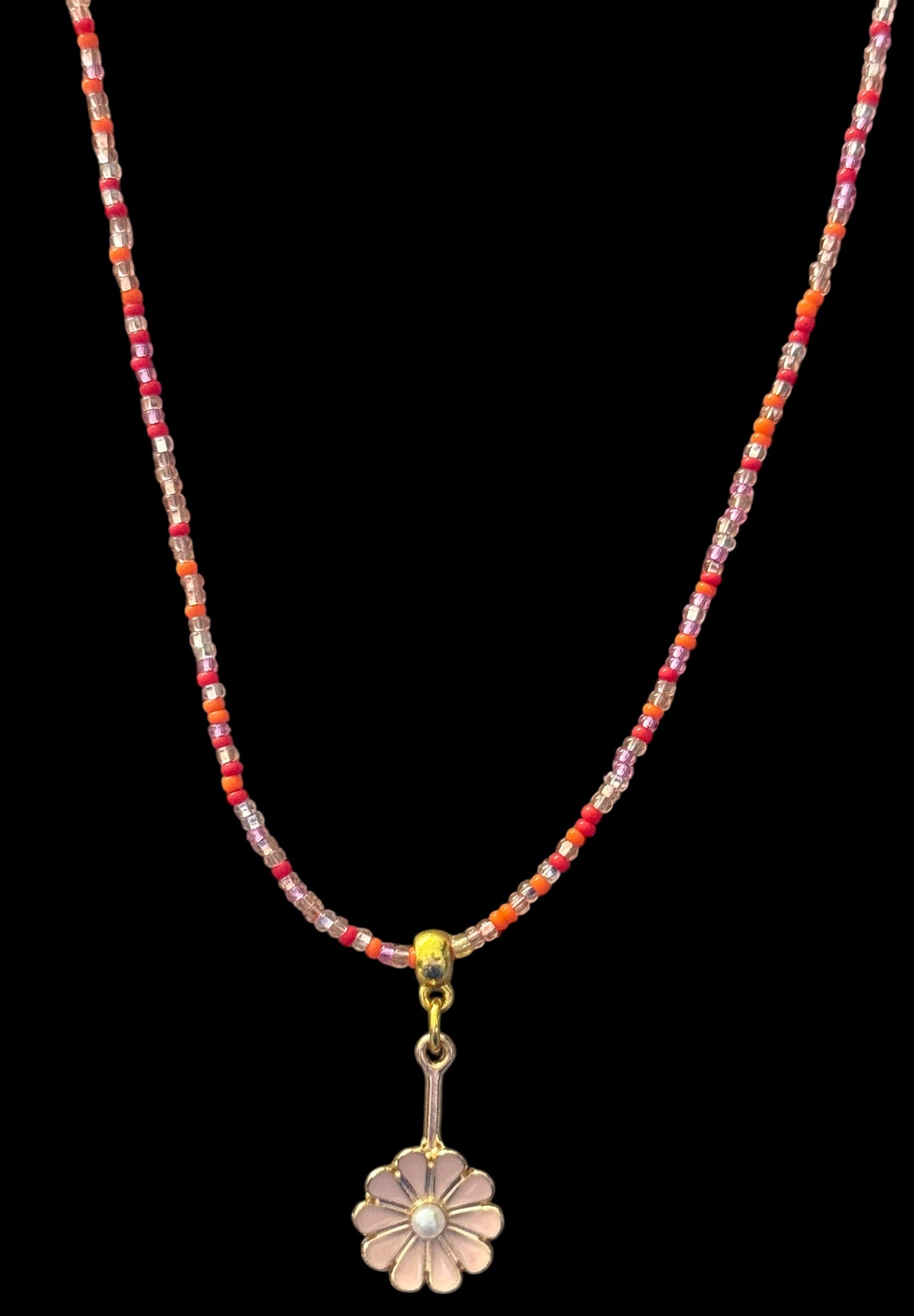 20” Czech Glass Beaded Necklace with Pink Daisy Pendant – Gold Accent & Lobster Clasp
