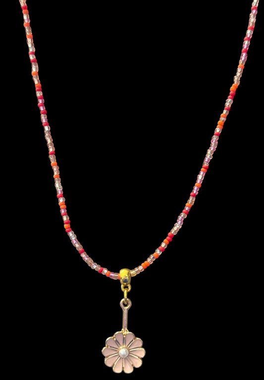 20” Czech Glass Beaded Necklace with Pink Daisy Pendant – Gold Accent & Lobster Clasp