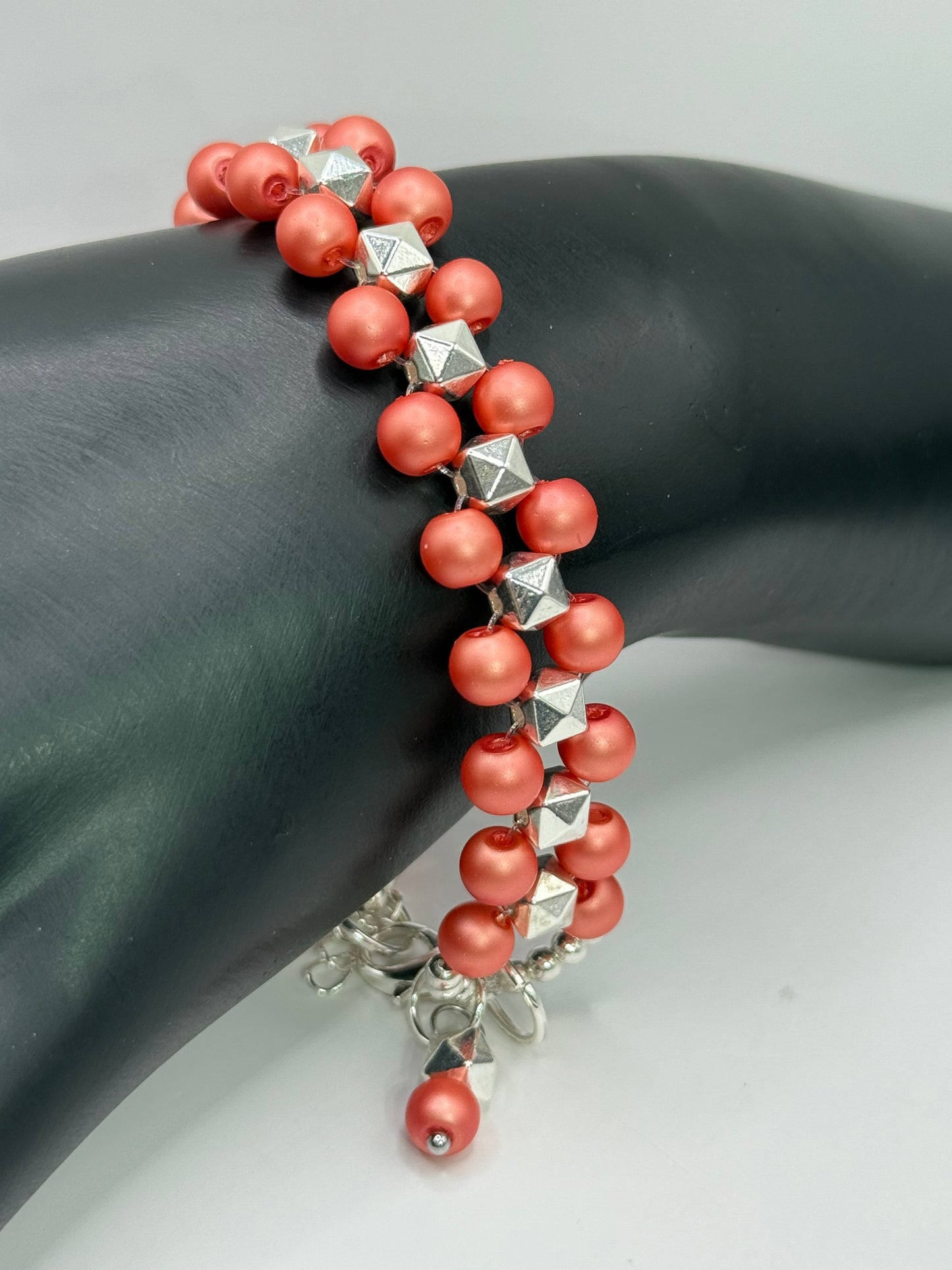 Salmon Pearl and Silver Pyramid Bead Bracelet | 7.5”-7.75” Double Strand Clasp Bracelet | Handmade Jewelry Gift for Her