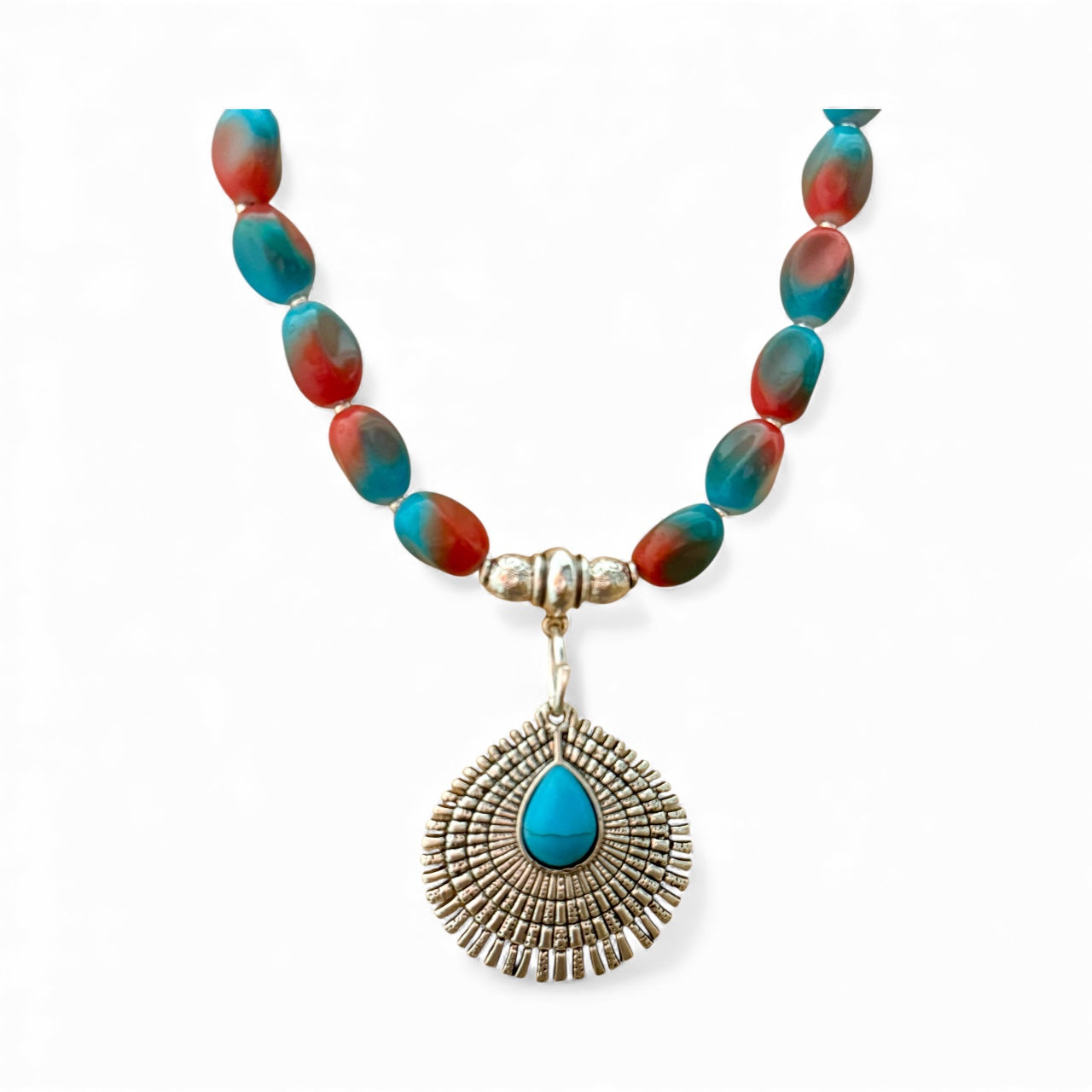 Turquoise & Coral Glass Bead Necklace – 22” Sunburst Pendant Statement Necklace – Southwestern Boho Jewelry – Handmade Gift for Her