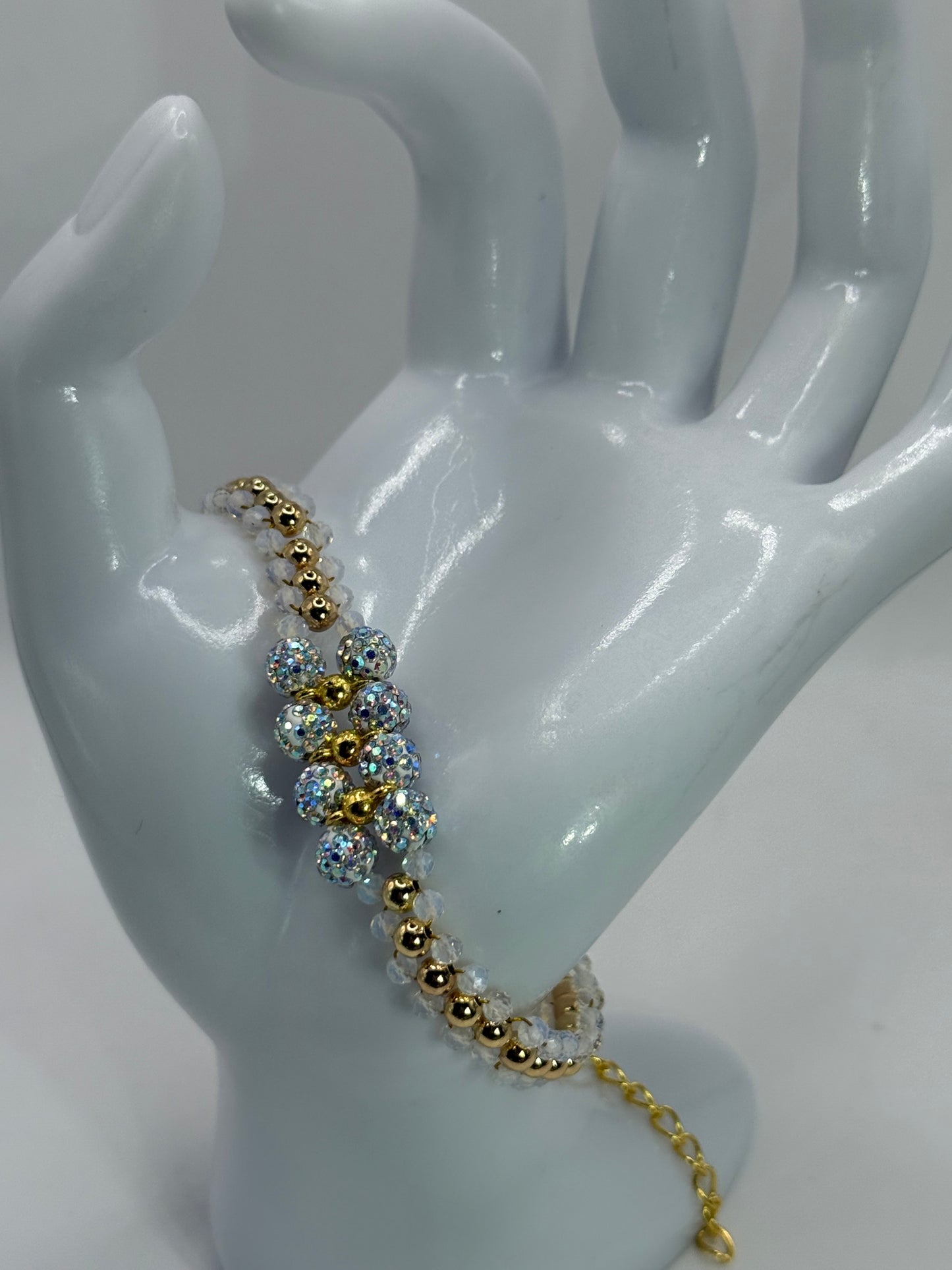 Opalite Beaded Double Band Bracelet – 7” Adjustable Clasp | Dainty Gold & Iridescent Sparkle Jewelry | Handmade Gift