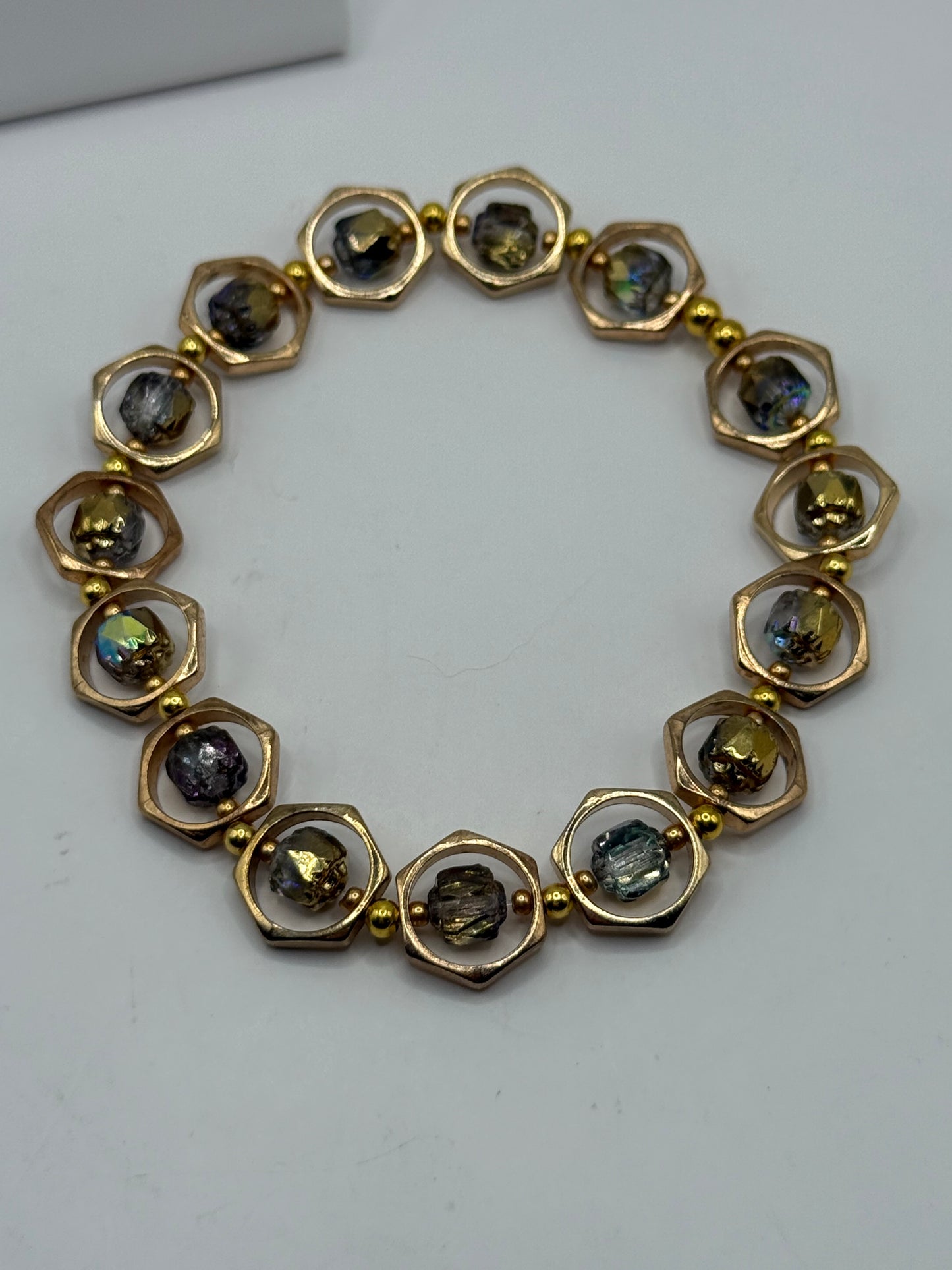 Golden Tone Lantern Bead Bracelet | 7.75” Stretch Bracelet with Iridescent Rainbow Beads | Elegant Boho Jewelry by LuckyCharm Boutique TX