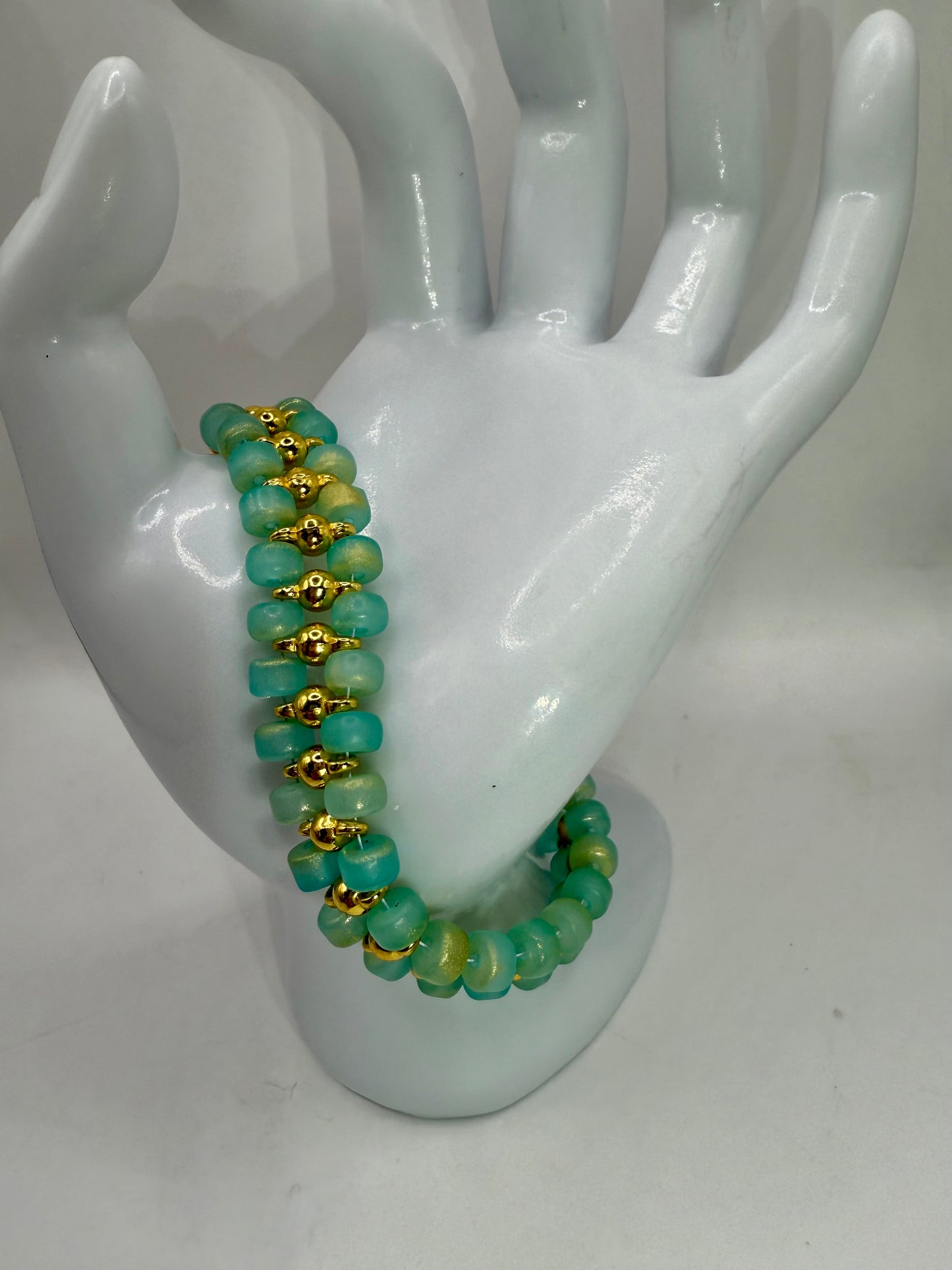 Aqua Blue and Gold Beaded Bracelet – 8” Handmade Glass Bead Bracelet with Gold Accents – Elegant Statement Jewelry