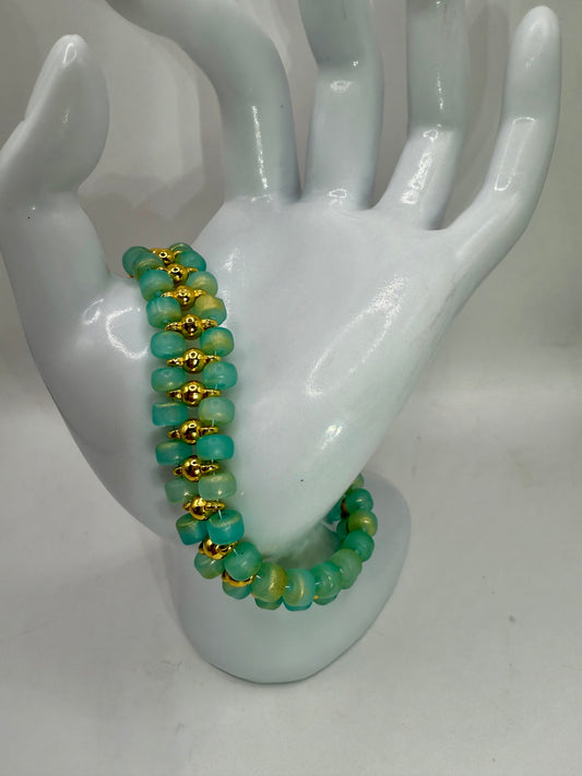 Aqua Blue and Gold Beaded Bracelet – 8” Handmade Glass Bead Bracelet with Gold Accents – Elegant Statement Jewelry