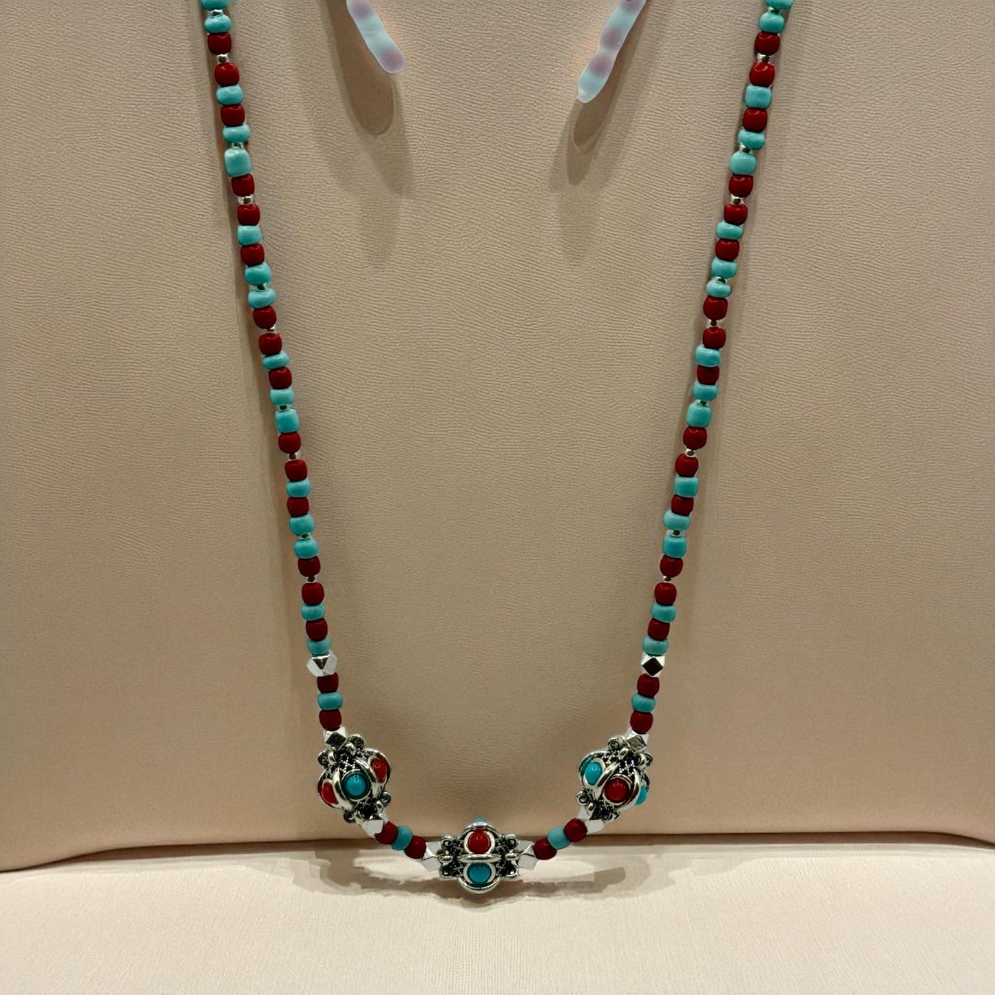 Southwestern Turquoise & Red Beaded Jewelry Set – 24” Necklace, 8” Stretch Bracelet & Earrings