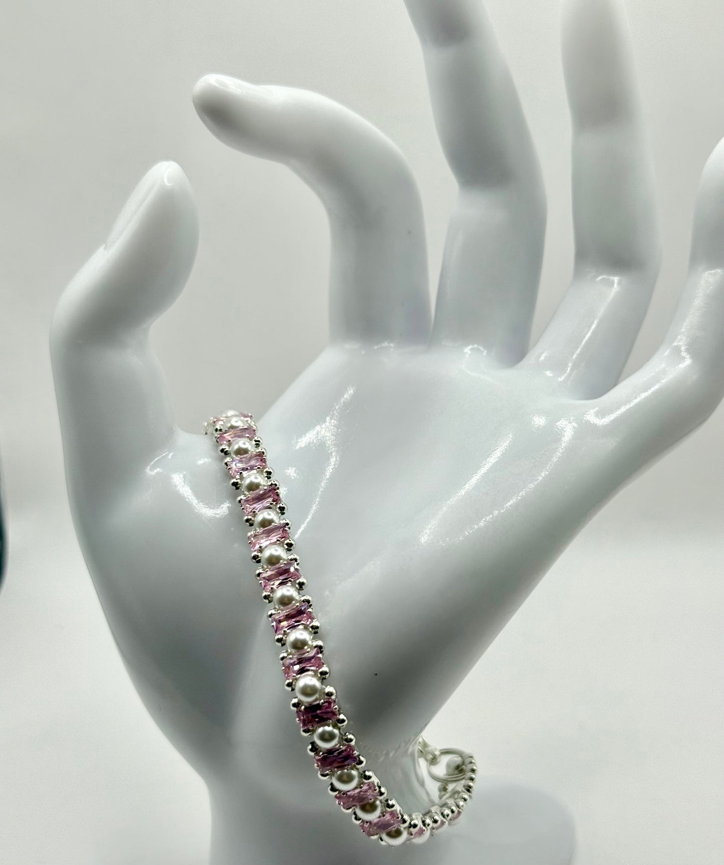 Pink Rhinestone & White Glass Pearl Bracelet – 7.5” – Elegant Clasp Bracelet – Bridal Jewelry – Romantic Gift for Her – Sparkling Statement Bracelet