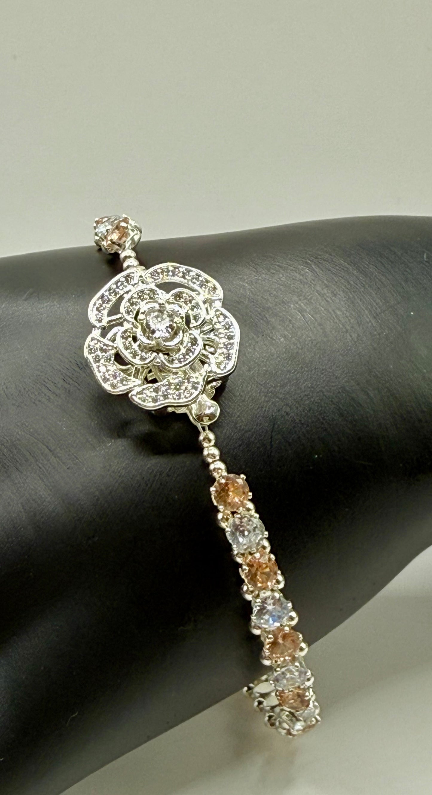 7” Rhinestone Bracelet with Spinner Rose Focal – Elegant Two-Tone CZ Crystal Jewelry