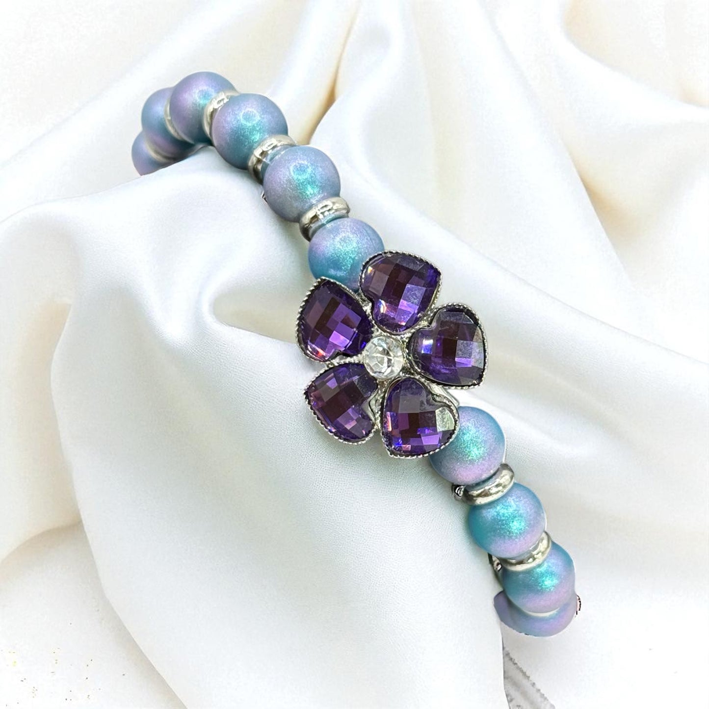 Purple Flower Bracelet – 7.75” Stretch Bracelet | Handmade Beaded Jewelry | Violet Crystal Floral Bracelet | Gift for Her