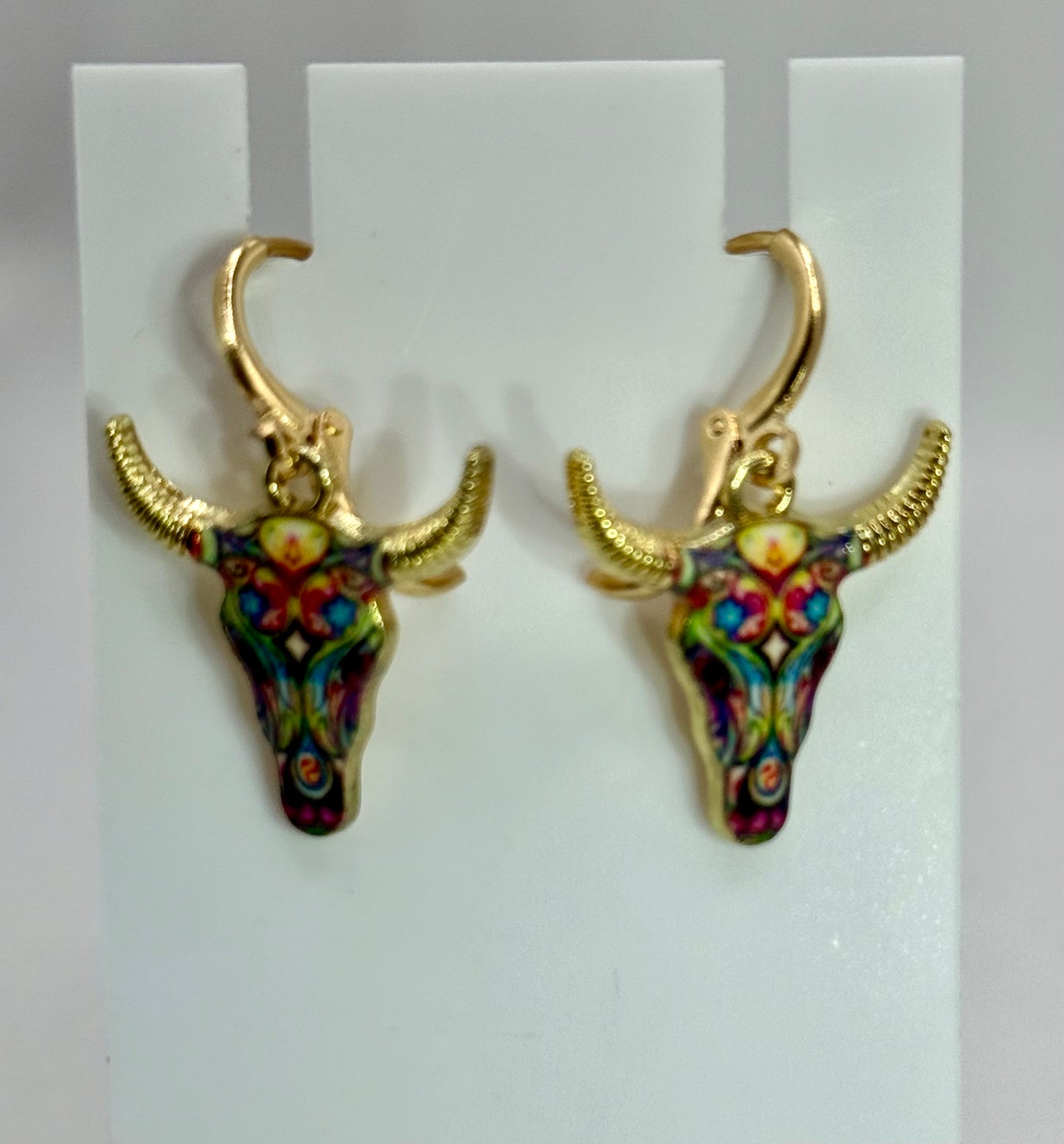 Western Bull Skull Earrings – Boho Cow Skull Dangle Earrings with Floral Design, Two Style Options, Southwestern Jewelry