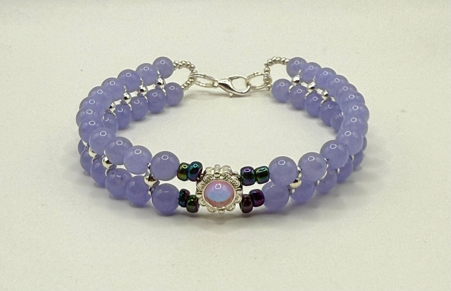 Handmade Lavender Beaded Bracelet with Opal Focal | 7.5” to 7.75” Double Strand Beaded Jewelry | Purple Glass Bracelet | Elegant Gift for Her