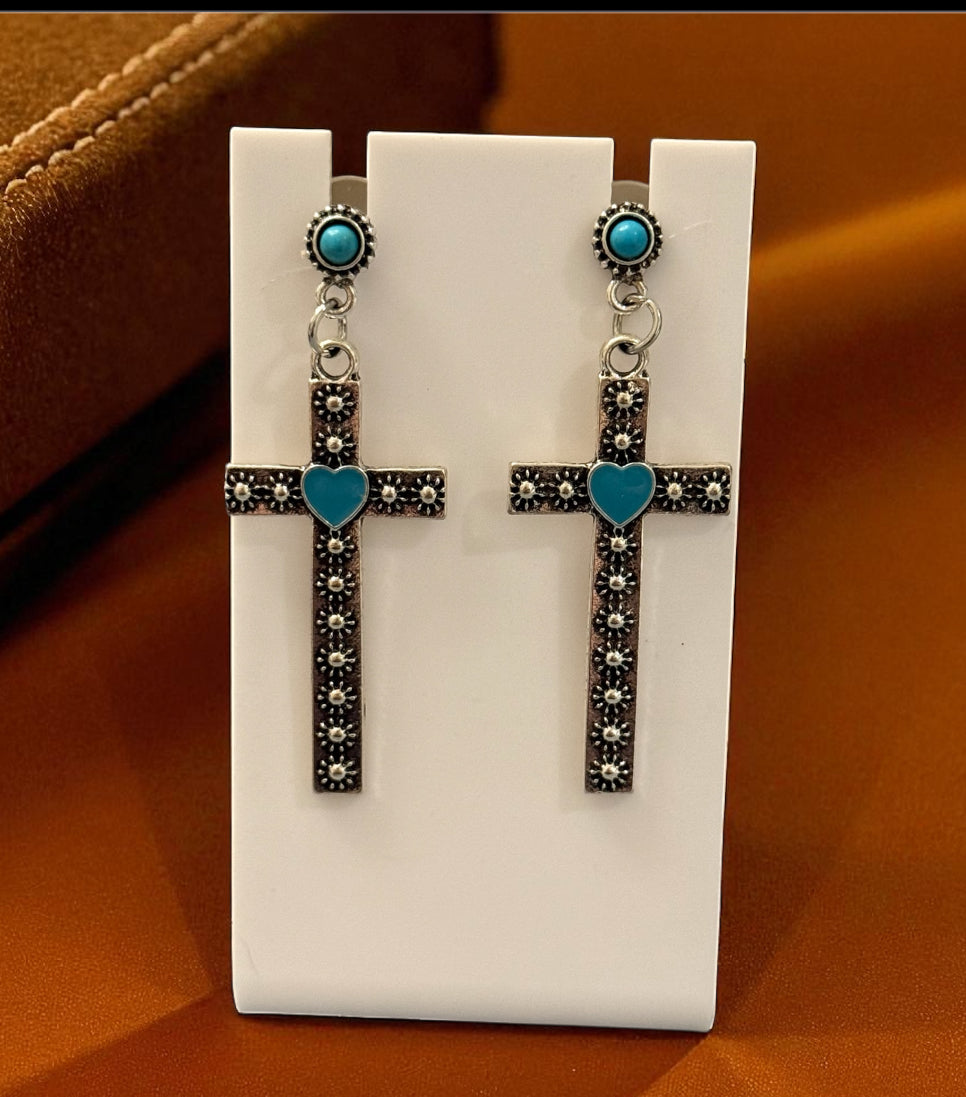Western Cross Earrings with Turquoise Heart – Vintage Style Dangle Earrings – Faith Inspired Boho Jewelry Gift for Her