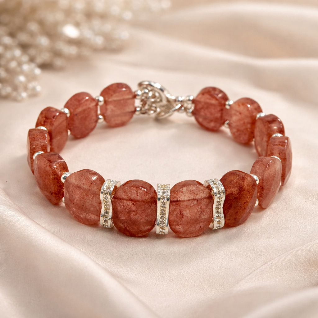Strawberry Quartz Bracelet 7.5" • Handmade Pink Stone Bracelet • Silver Accent Beaded Bracelet