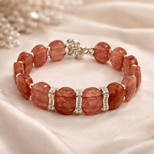 Strawberry Quartz Bracelet 7.5" • Handmade Pink Stone Bracelet • Silver Accent Beaded Bracelet