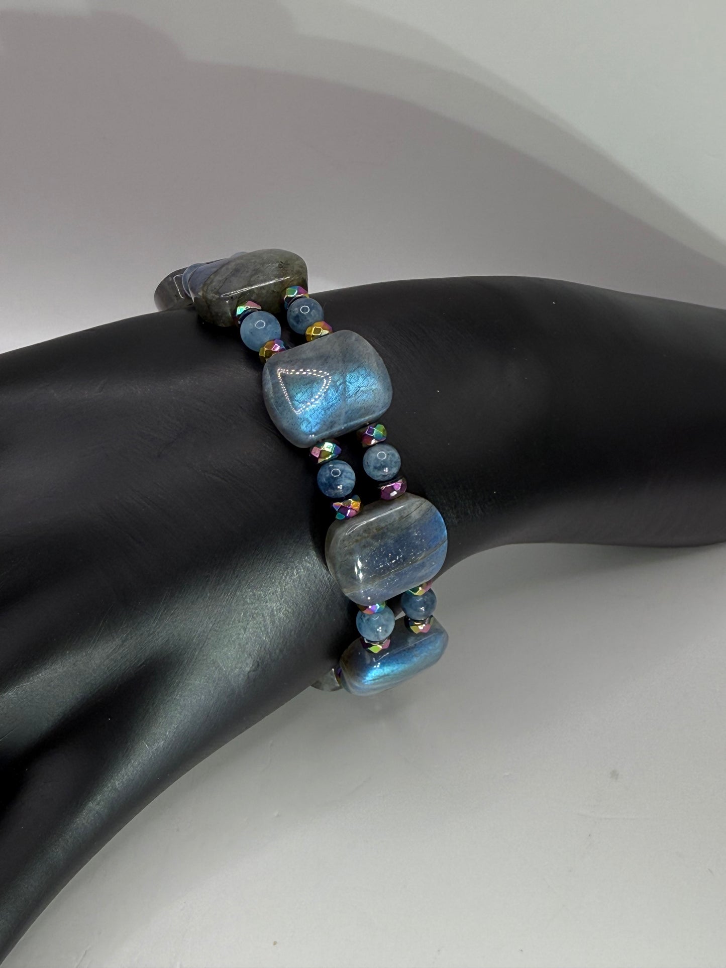 Labradorite Aquamarine Rainbow Hematite Double Bangle Bracelet | Adjustable 7.75–8” Clasp | Handmade Gemstone Jewelry