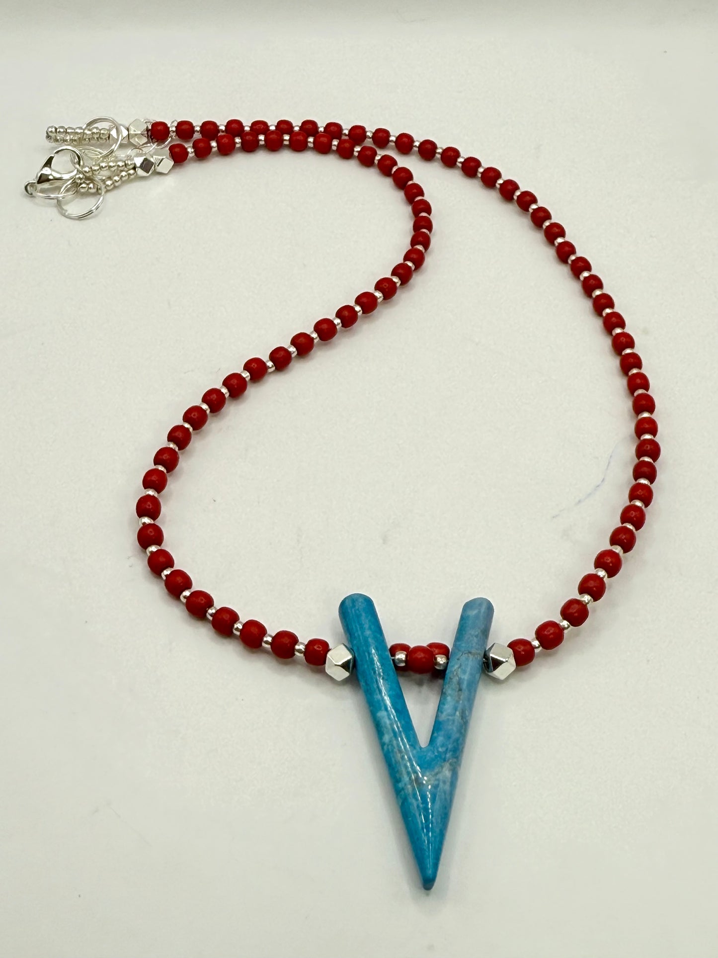 Red Beaded Necklace with Blue V Pendant • 22” Gemstone Statement Necklace • Boho Southwest Jewelry • Handmade Gift for Her