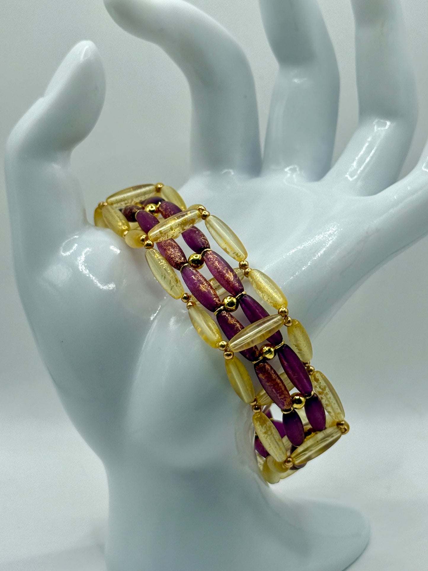 Burgundy & Gold Glass Bead Bracelet 7.75” | Two-Strand Clasp Bracelet | Handmade Glass Jewelry | Elegant Statement Bracelet | Gift for Her