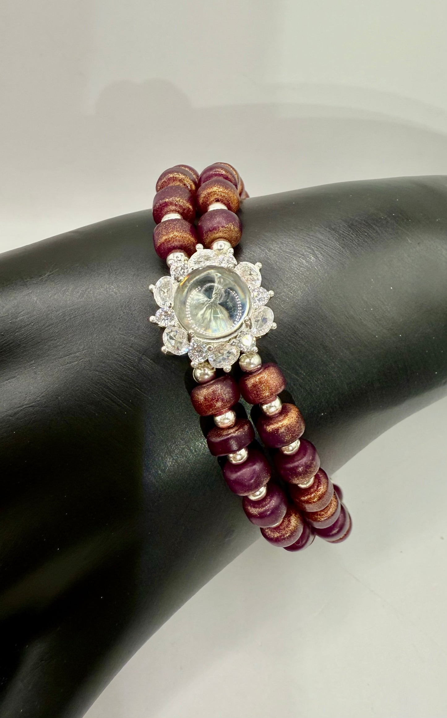 Plum and Bronze Dual Strand Beaded Bracelet – 7.5” Sparkling Focal Bracelet with Magnetic Slide Clasp – Handmade Jewelry