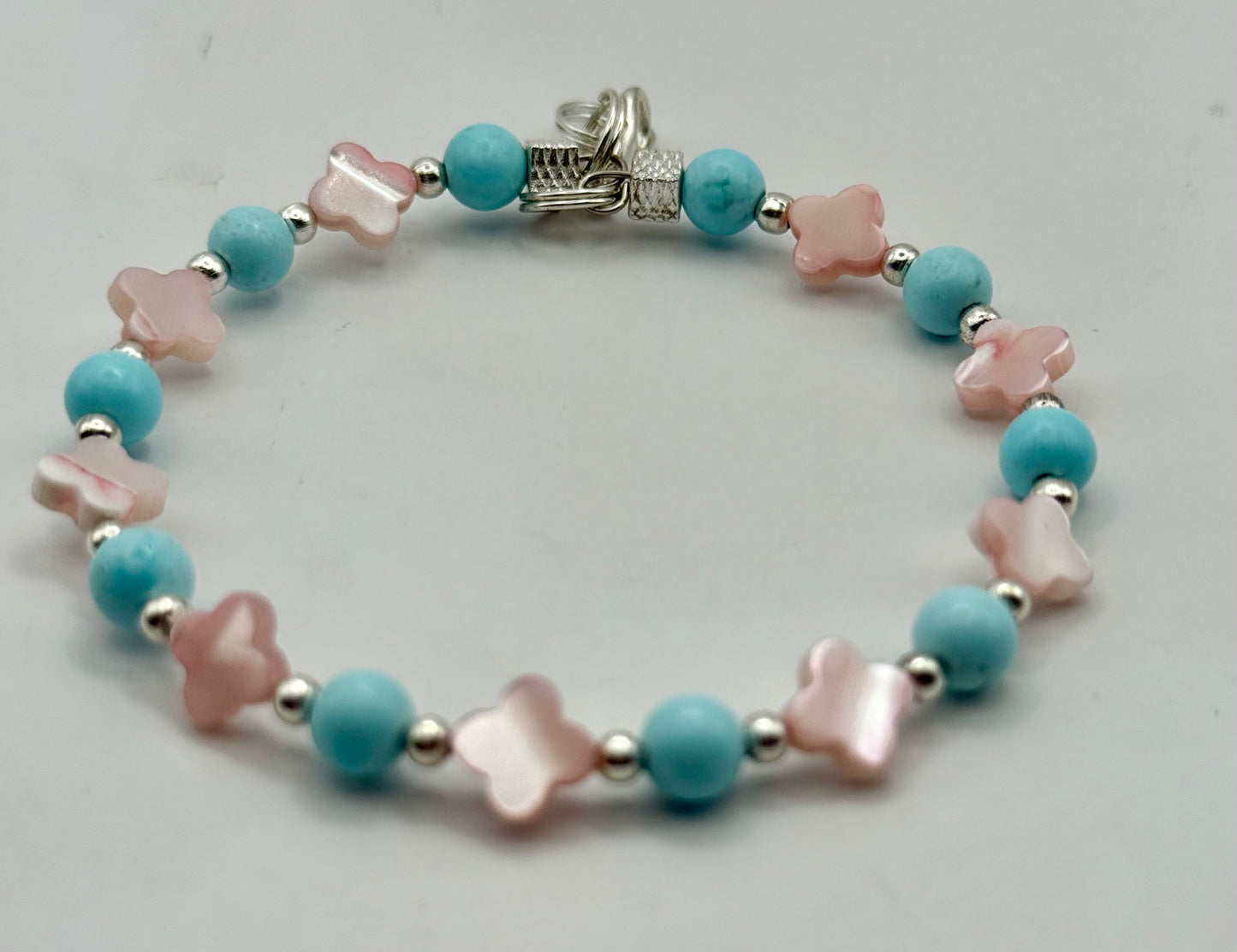 Pink Mother of Pearl & Blue Glass Beaded Bracelet – 7.5” Adjustable