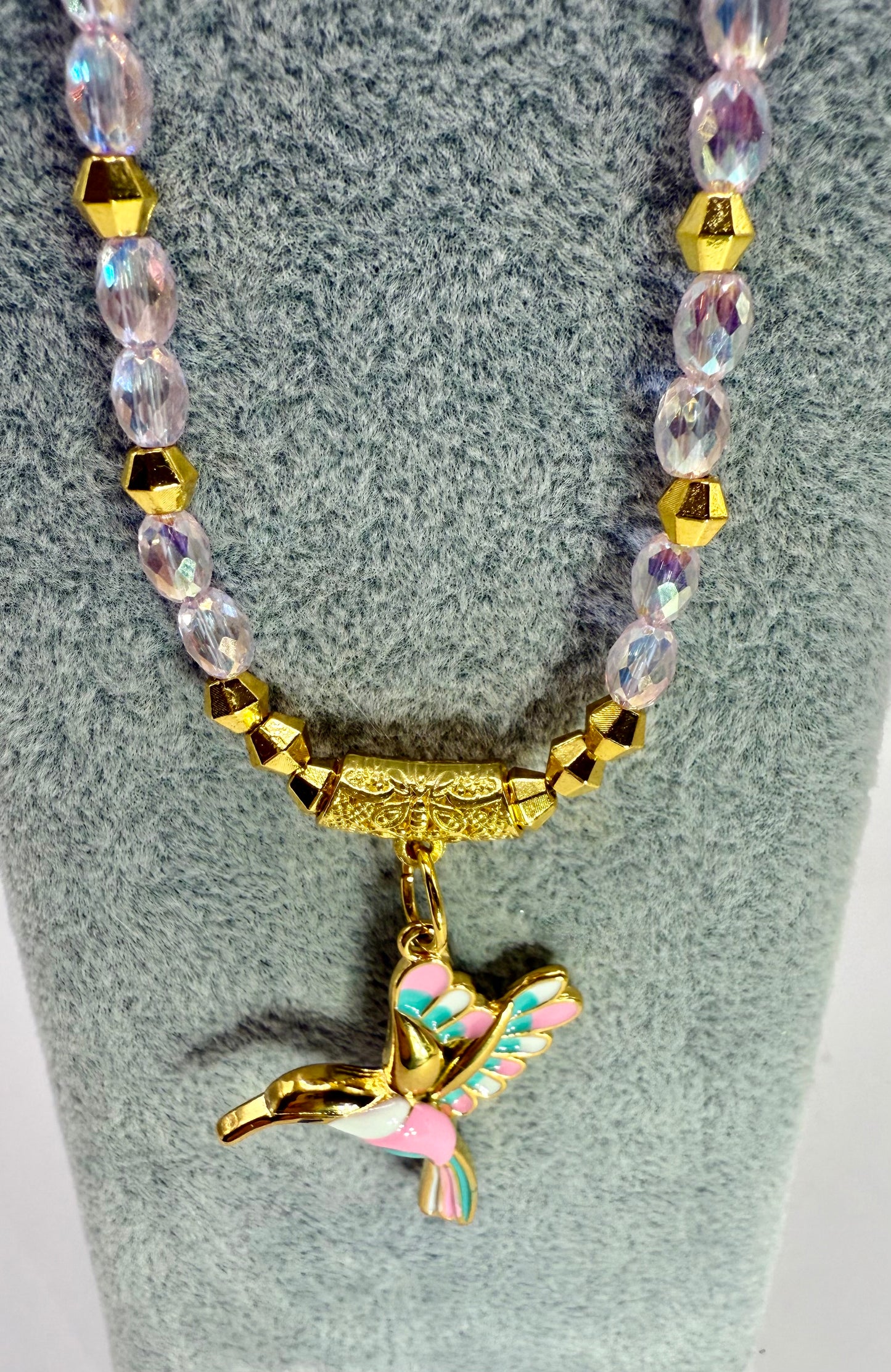 Pink Faceted Glass Necklace with Hummingbird Pendant – 18” Sparkly Beaded Necklace with Gold Accents – Free Matching Earrings Included