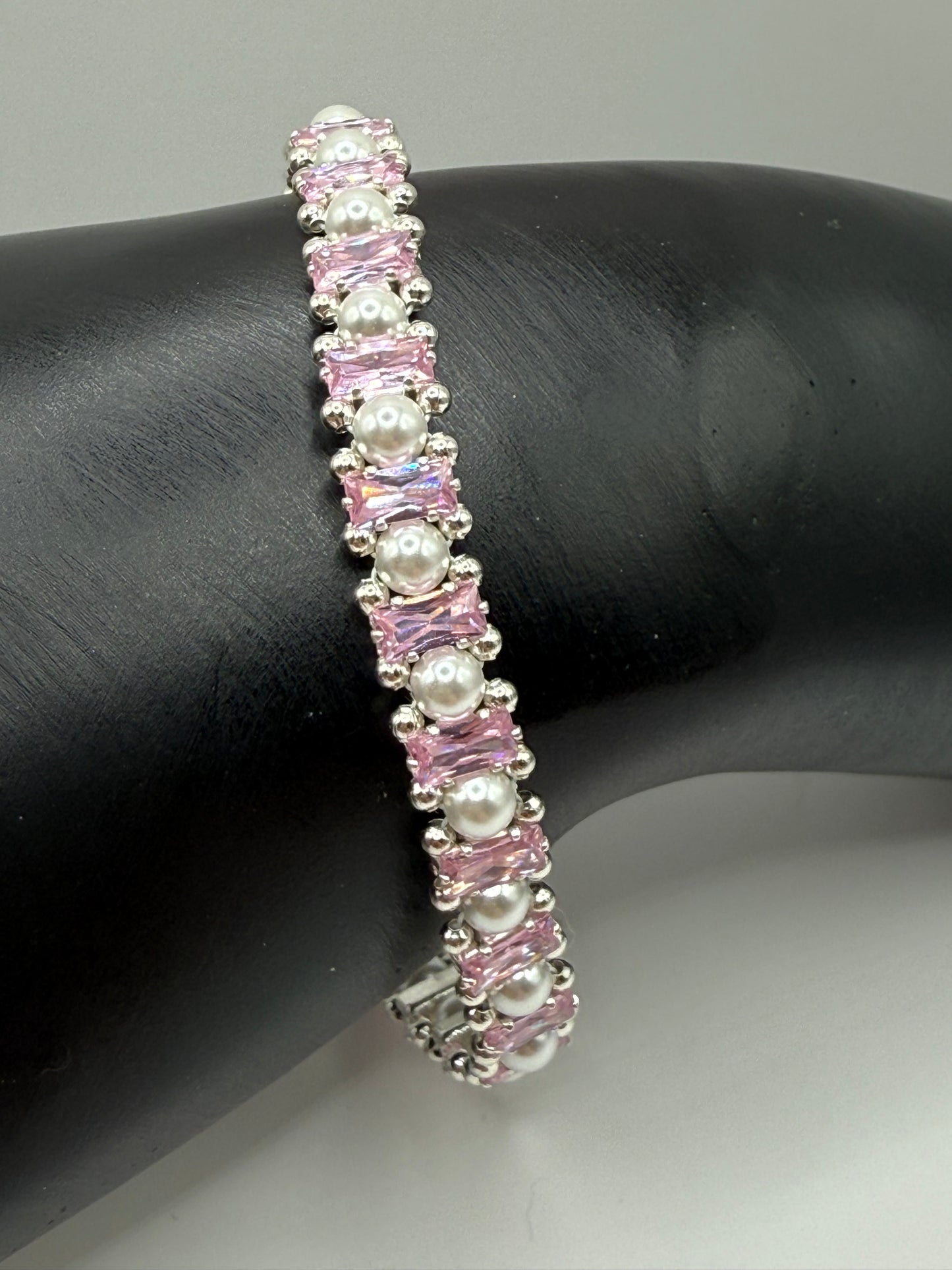 Pink Rhinestone & White Glass Pearl Bracelet – 7.5” – Elegant Clasp Bracelet – Bridal Jewelry – Romantic Gift for Her – Sparkling Statement Bracelet