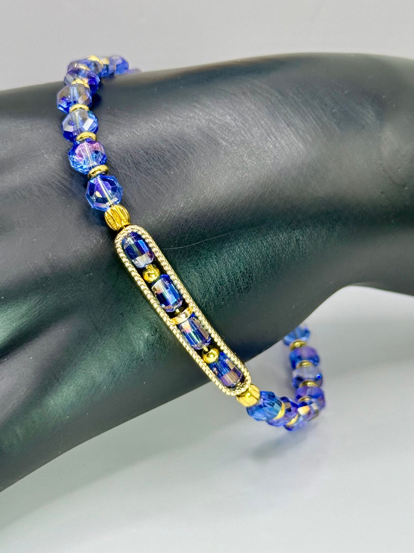 Royal Blue Faceted Glass Bracelet 7.75" • Handmade Gold Bar Bracelet