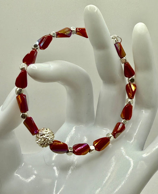 7.5” Fiery Red Glass Bead Bracelet with Sparkling Silver Accent – Handmade Statement Jewelry