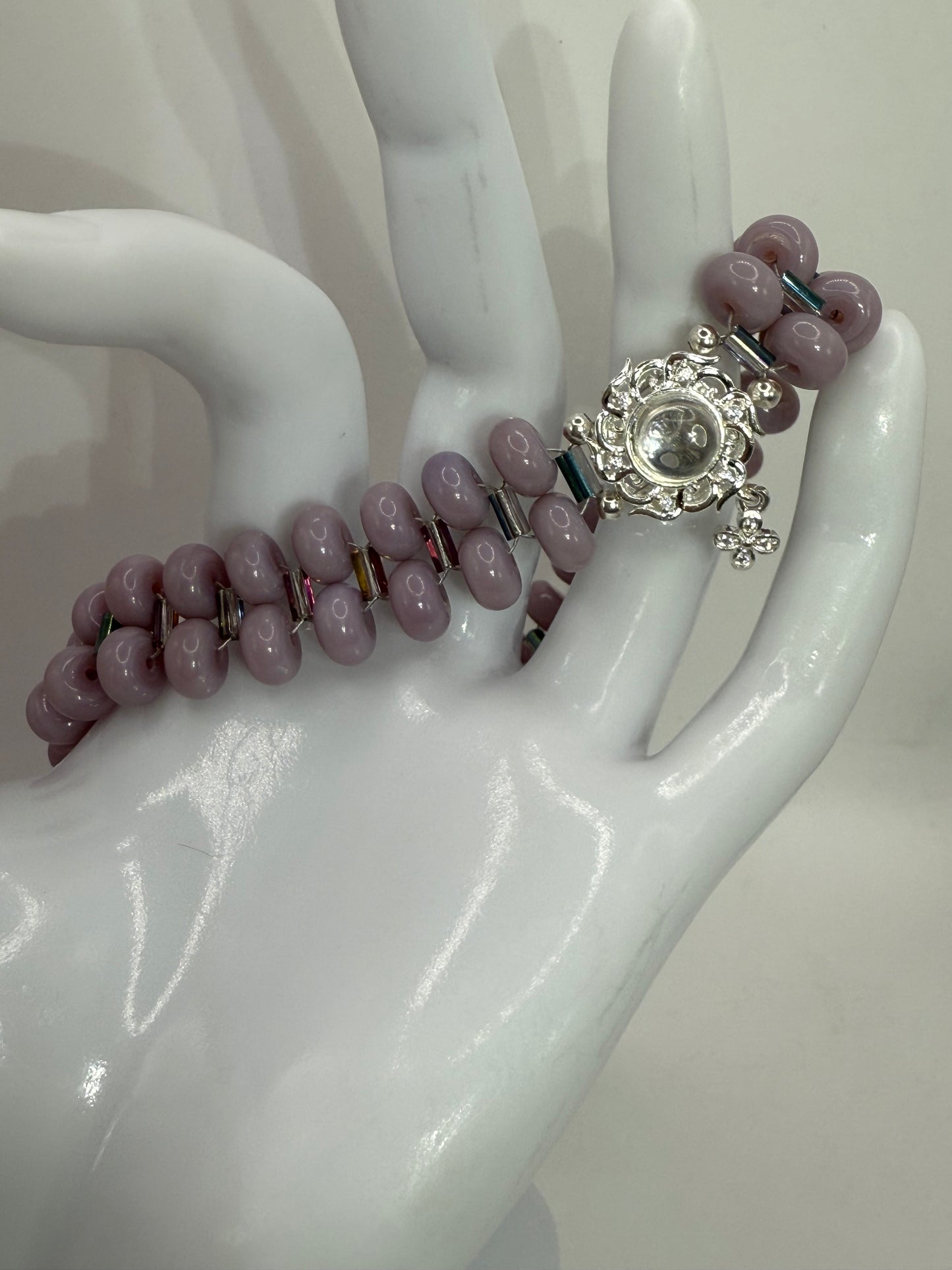 Handmade Double Band Mauve Glass Bead Clasp Bracelet – 8.25” Adjustable | Elegant Silver Floral Charm Jewelry